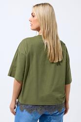 LIMITED COLLECTION Plus Size Khaki Green Oversized Lace Hem T-Shirt | Yours Clothing 2