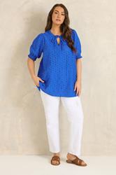 EVANS Plus Size Blue Floral Broderie Tie Neck Blouse | Evans 1