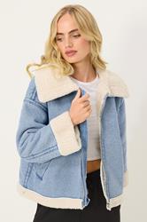 PixieGirl Petite Women's Light Blue Denim Borg Zip Jacket | PixieGirl 3