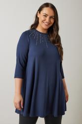 EVANS Plus Size Navy Blue Sequin Embellished Longline Top | Evans 3