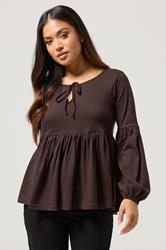 PixieGirl Petite Women's Chocolate Brown Tie Front Cotton Smock Top | PixieGirl 3