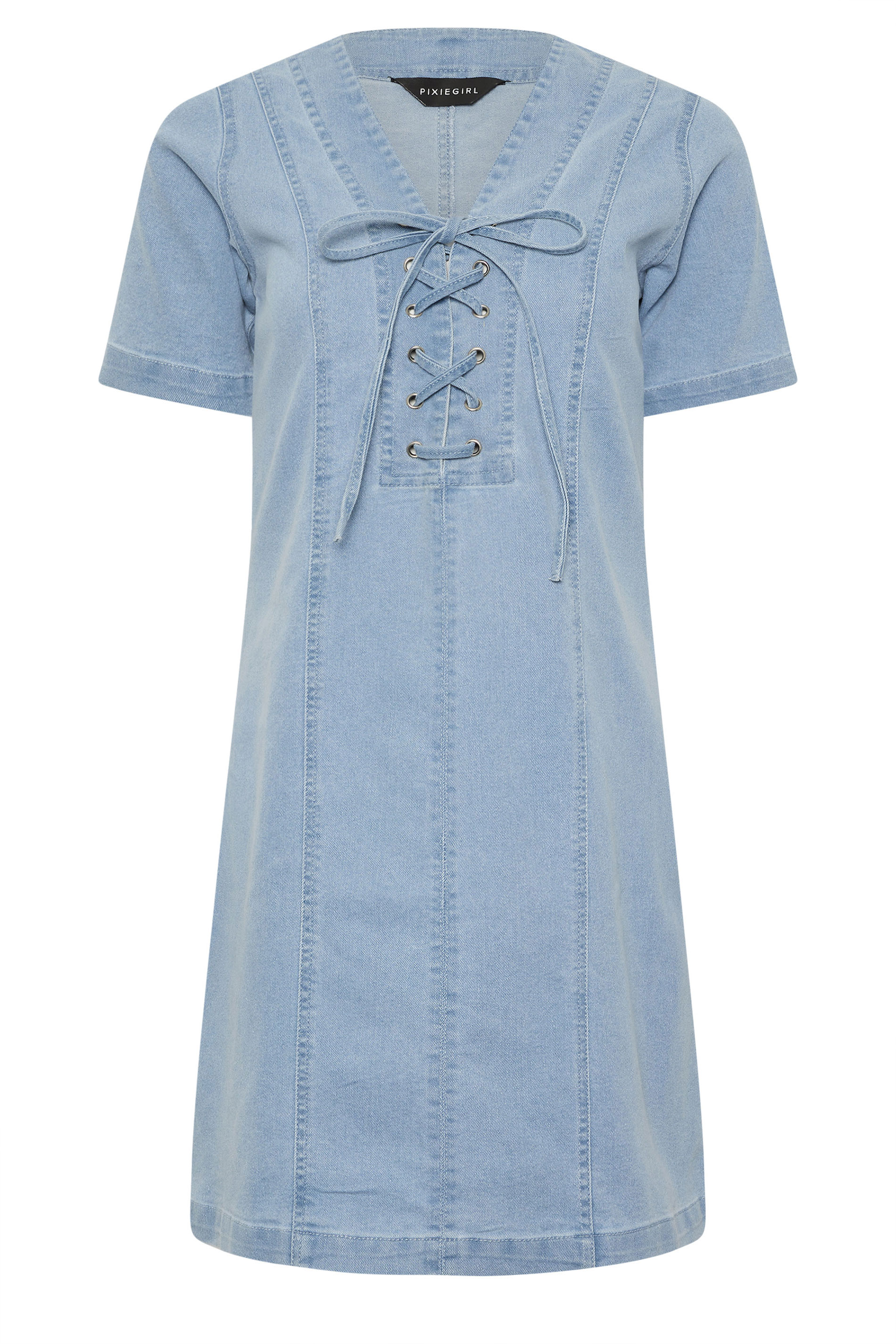 PixieGirl Petite Women's Light Blue Lace Up Denim Mini Dress | PixieGirl 6