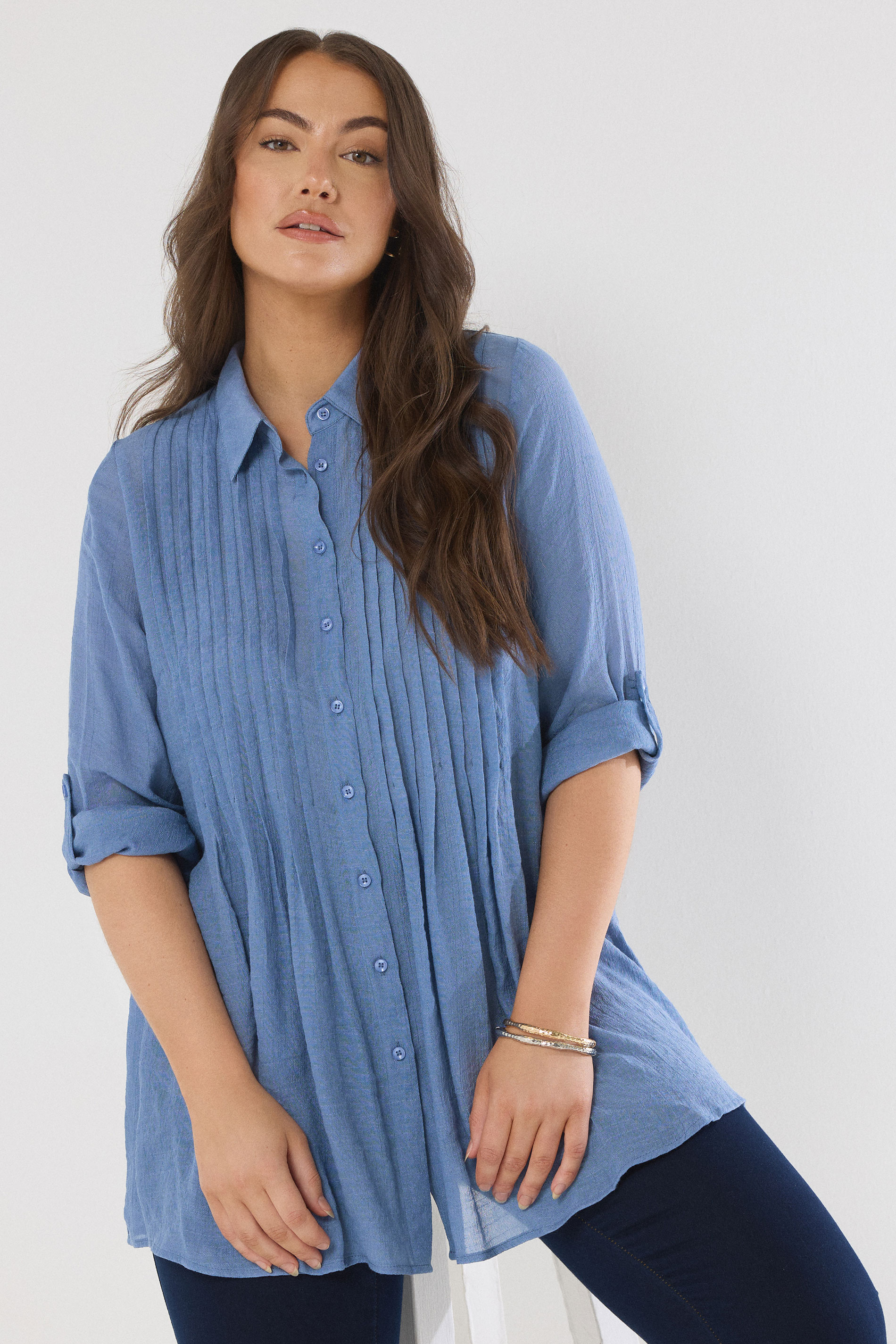 EVANS Plus Size Blue Pintuck Tab Sleeve Shirt | Evans 2