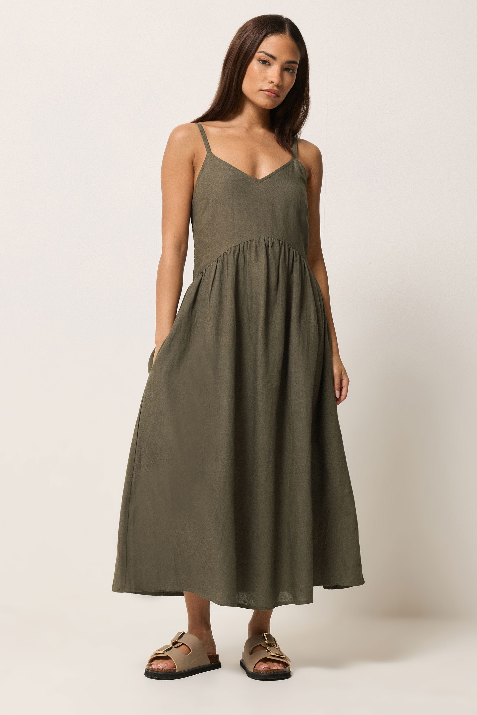 PixieGirl Petite Women's Chocolate Brown Strappy Linen Midi Dress | PixieGirl 1