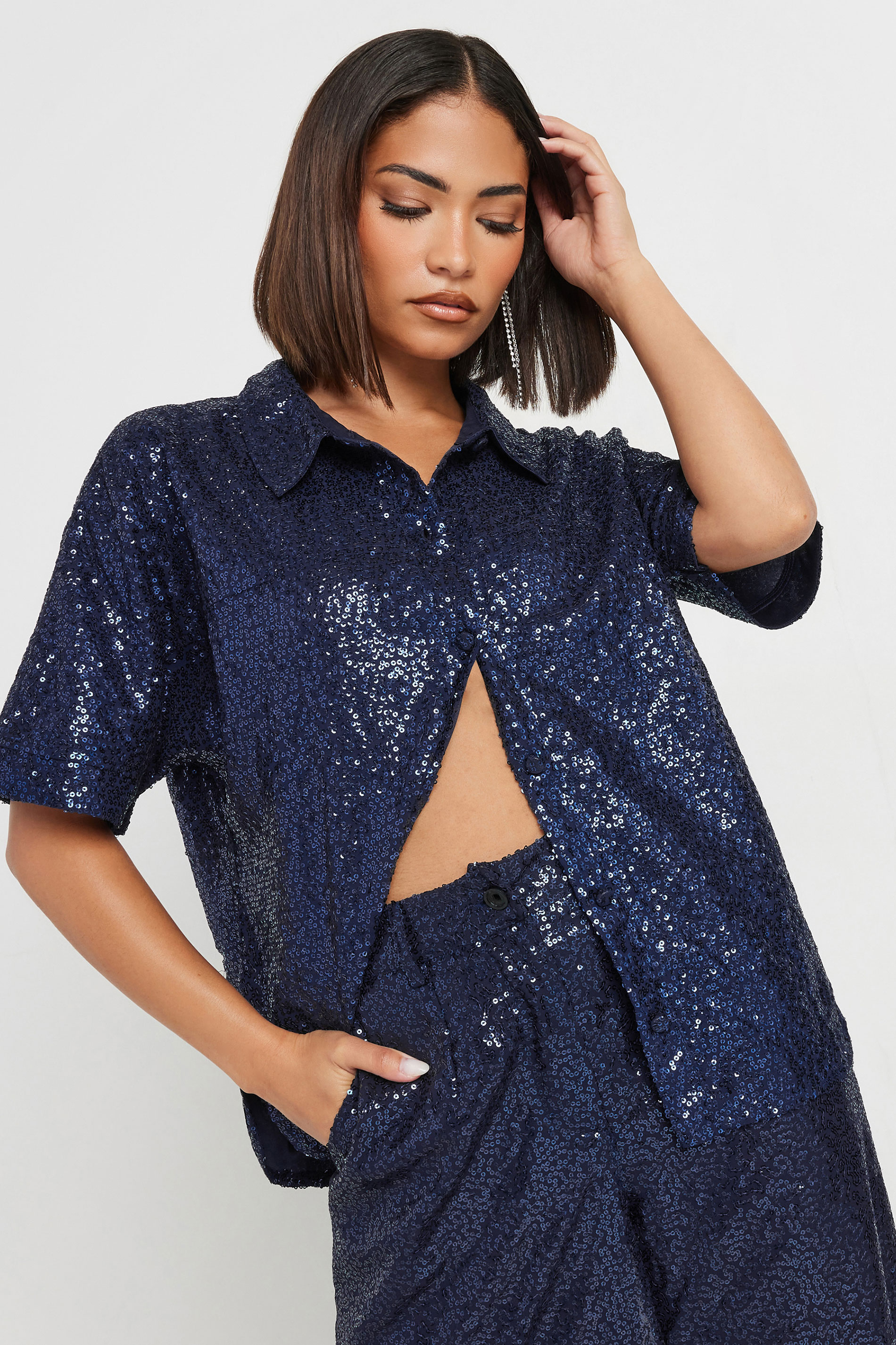 PixieGirl Petite Women's Navy Blue Sequin Embellished Short Sleeve Shirt | PixieGirl 4