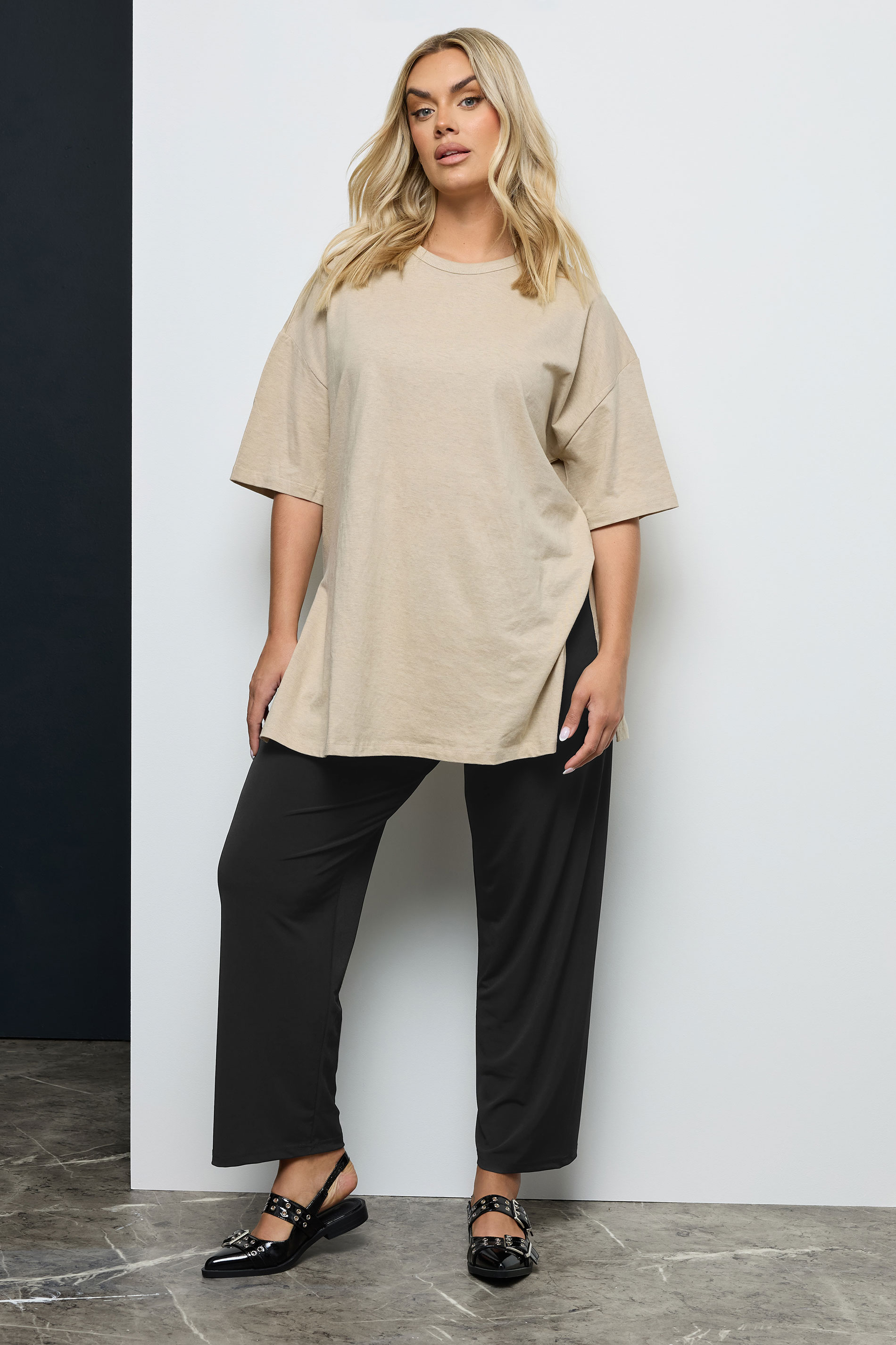 Plus Size Black Pull On Wide Leg Trousers | Yours Clothing 2
