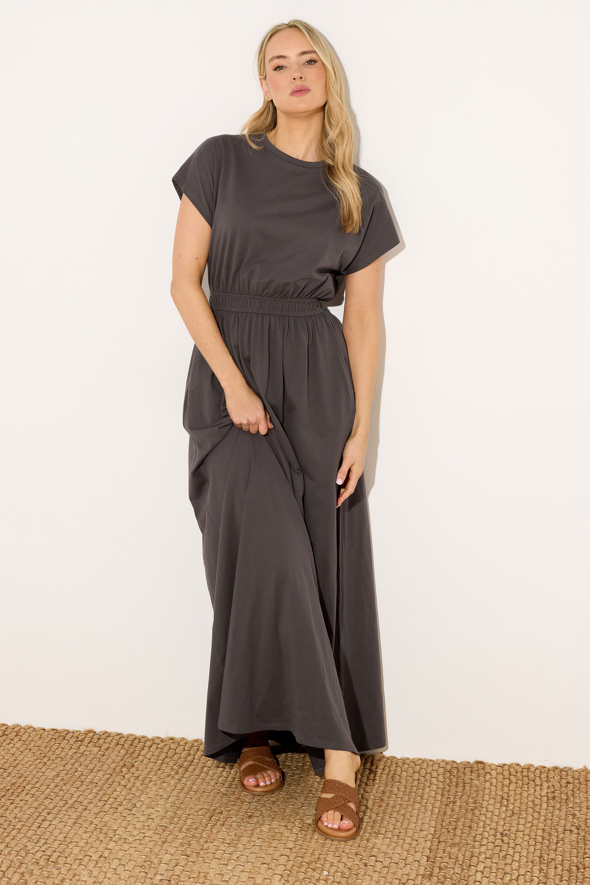 LTS Tall Women's Chocolate Brown Jersey Shirred Waist Cotton Maxi Dress | Long Tall Sally 1