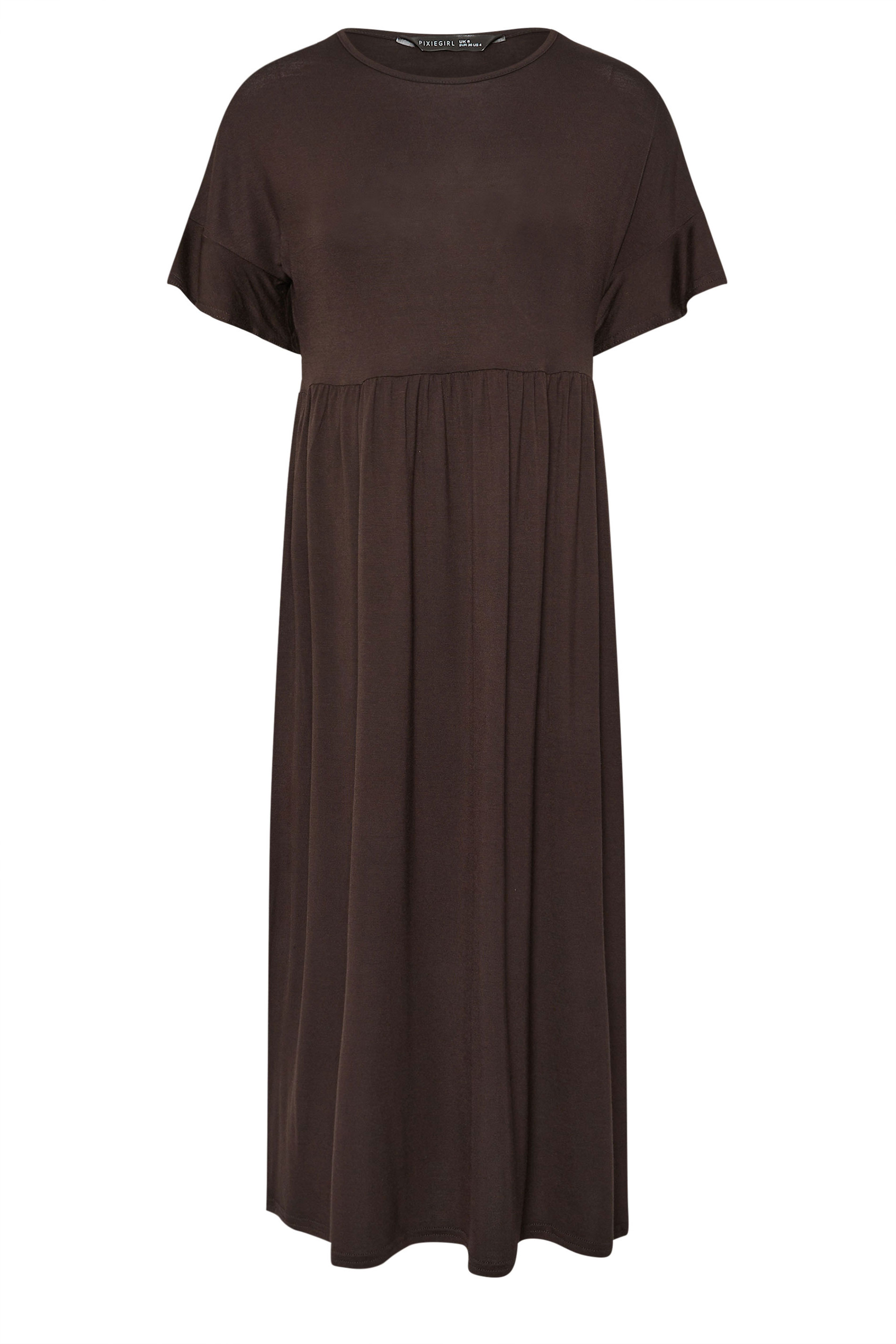 PixieGirl Petite Women's Brown Frill Sleeve Smock Midi Dress | PixieGirl 5