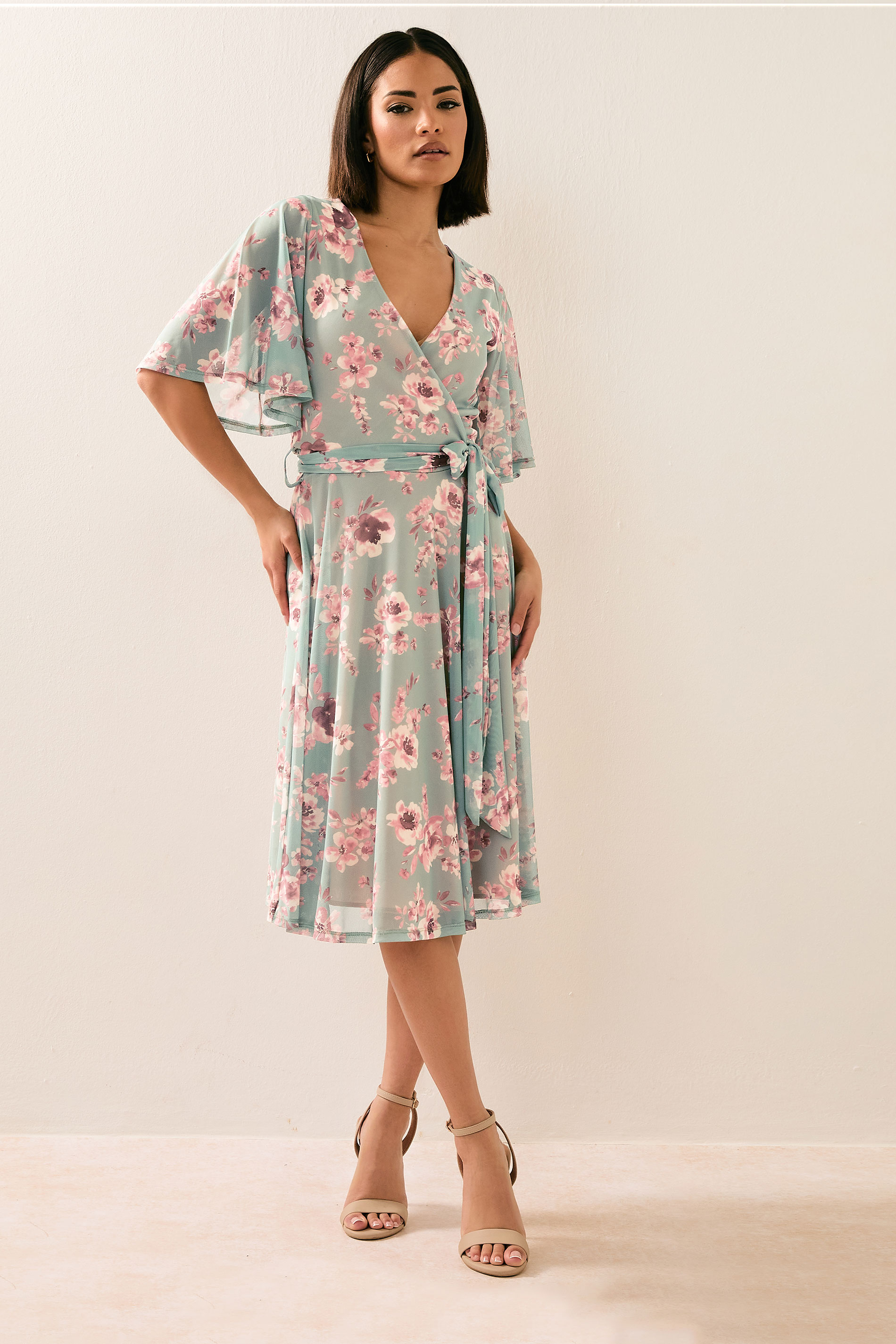 PixieGirl Petite Women's Sage Green Mesh Floral Wrap Midi Dress | PixieGirl 1