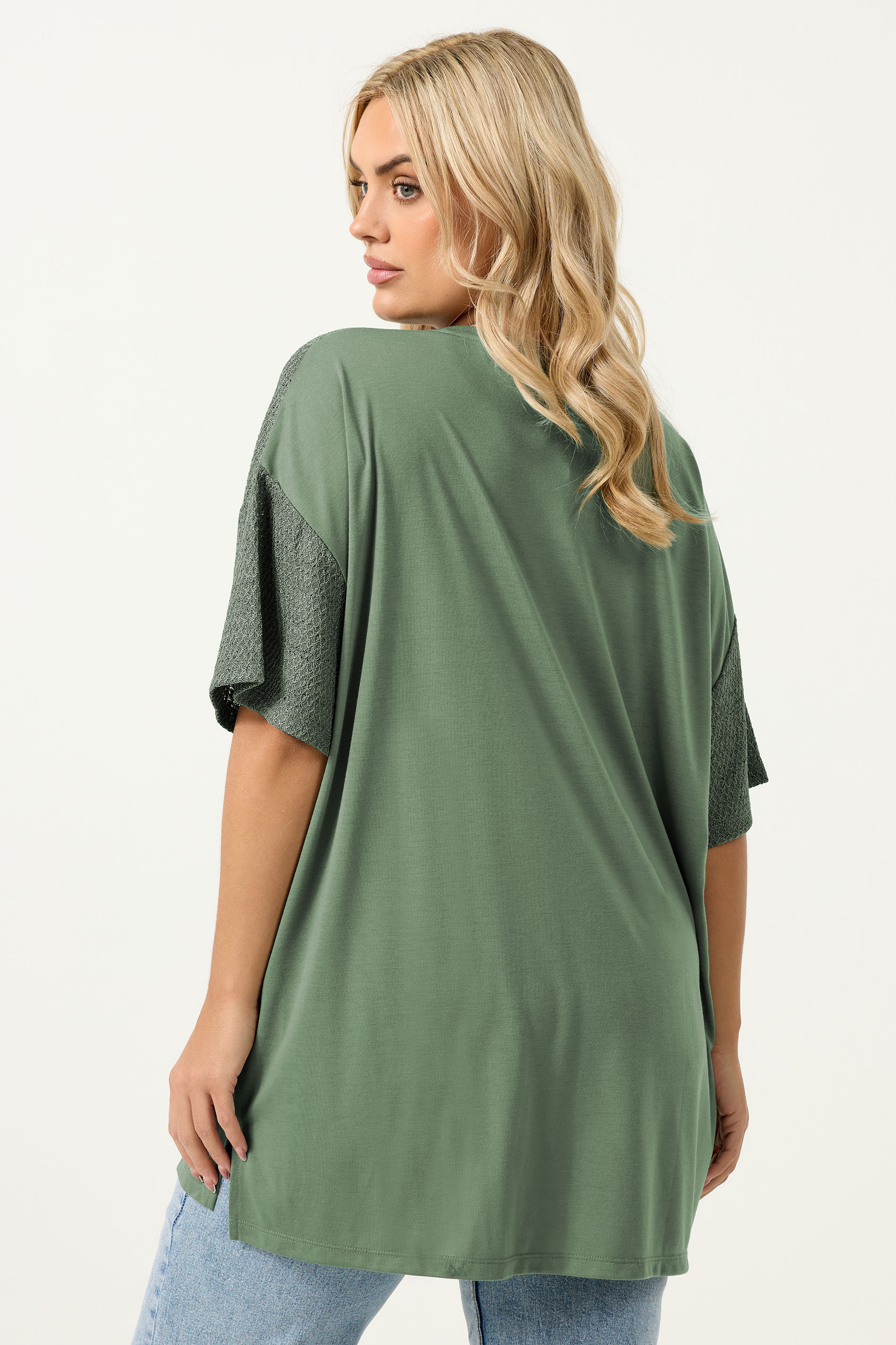 YOURS Plus Size Khaki Green Woven Panel Oversized T-Shirt | Yours Clothing 2