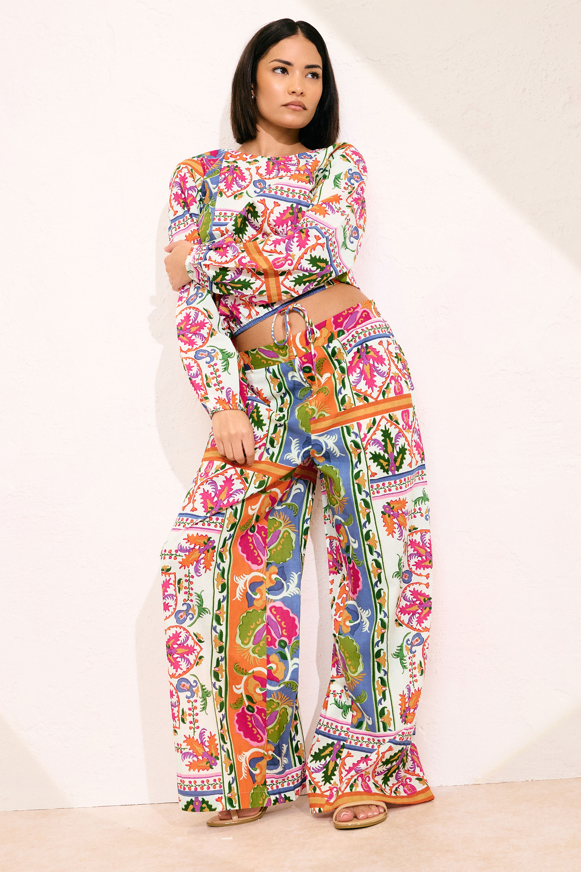 PixieGirl Petite Women's Orange Abstract Tile Print Cotton Wide Leg Trousers | PixieGirl 1