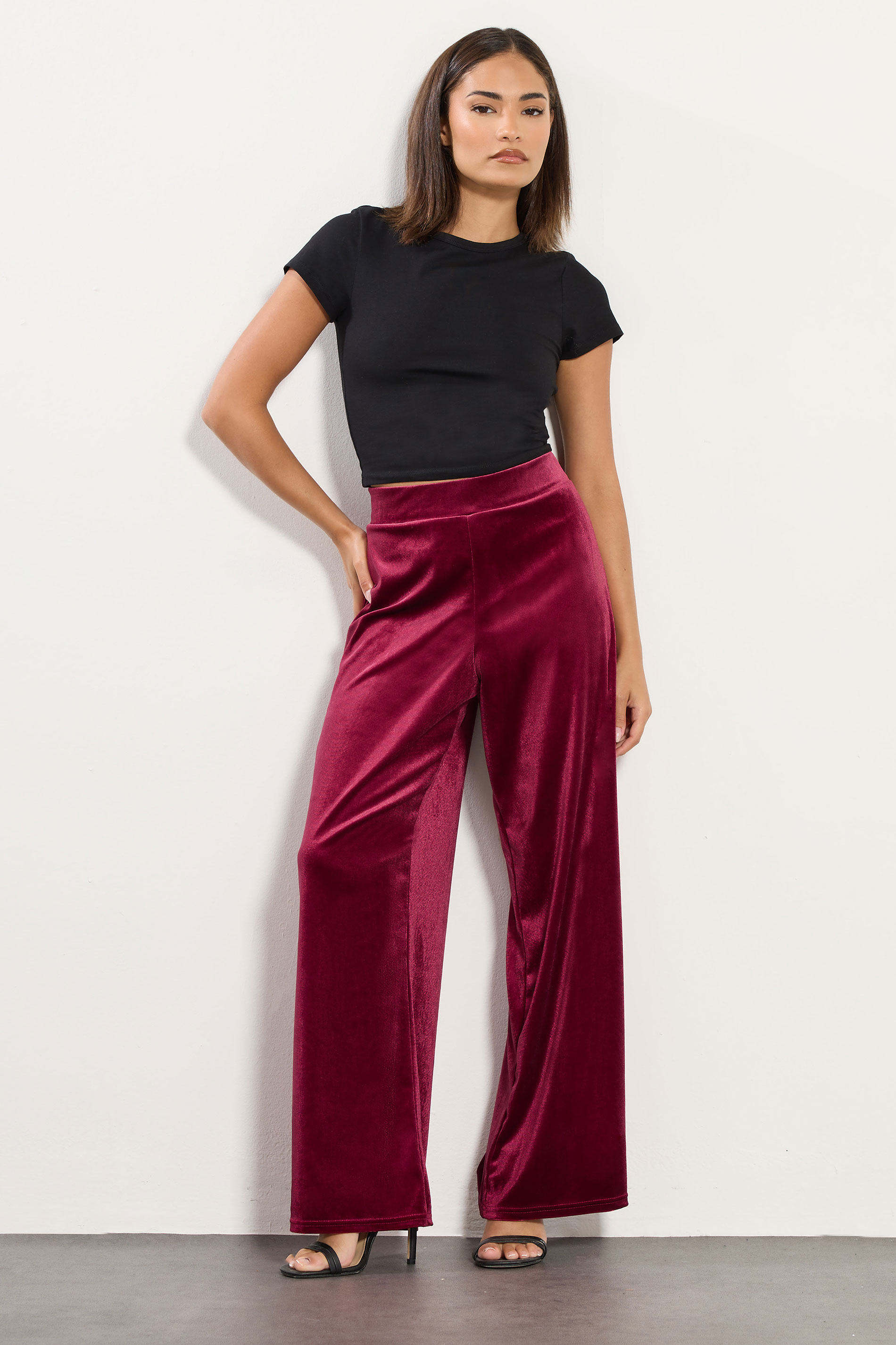PixieGirl Petite Women's Burgundy Red Velour Wide Leg Trousers | PixieGirl 3