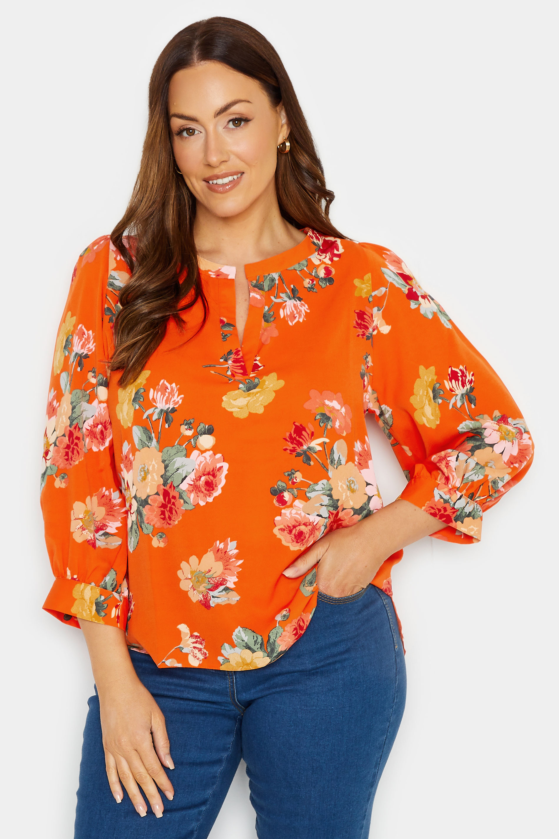 M&Co Orange Floral 3/4 Sleeve Blouse | M&Co