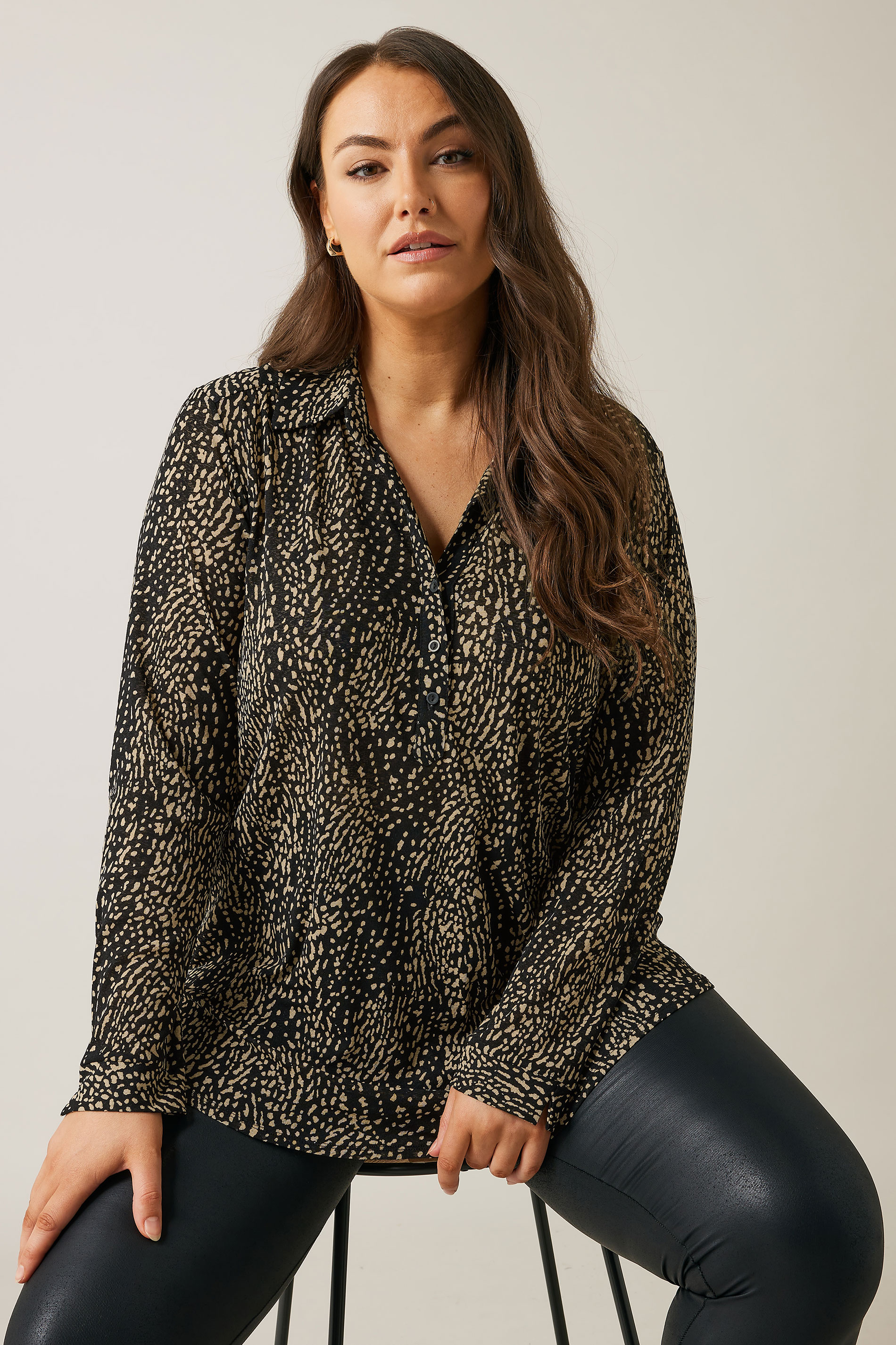 EVANS Plus Size Black Spot Print Half Placket Shirt | Evans 3