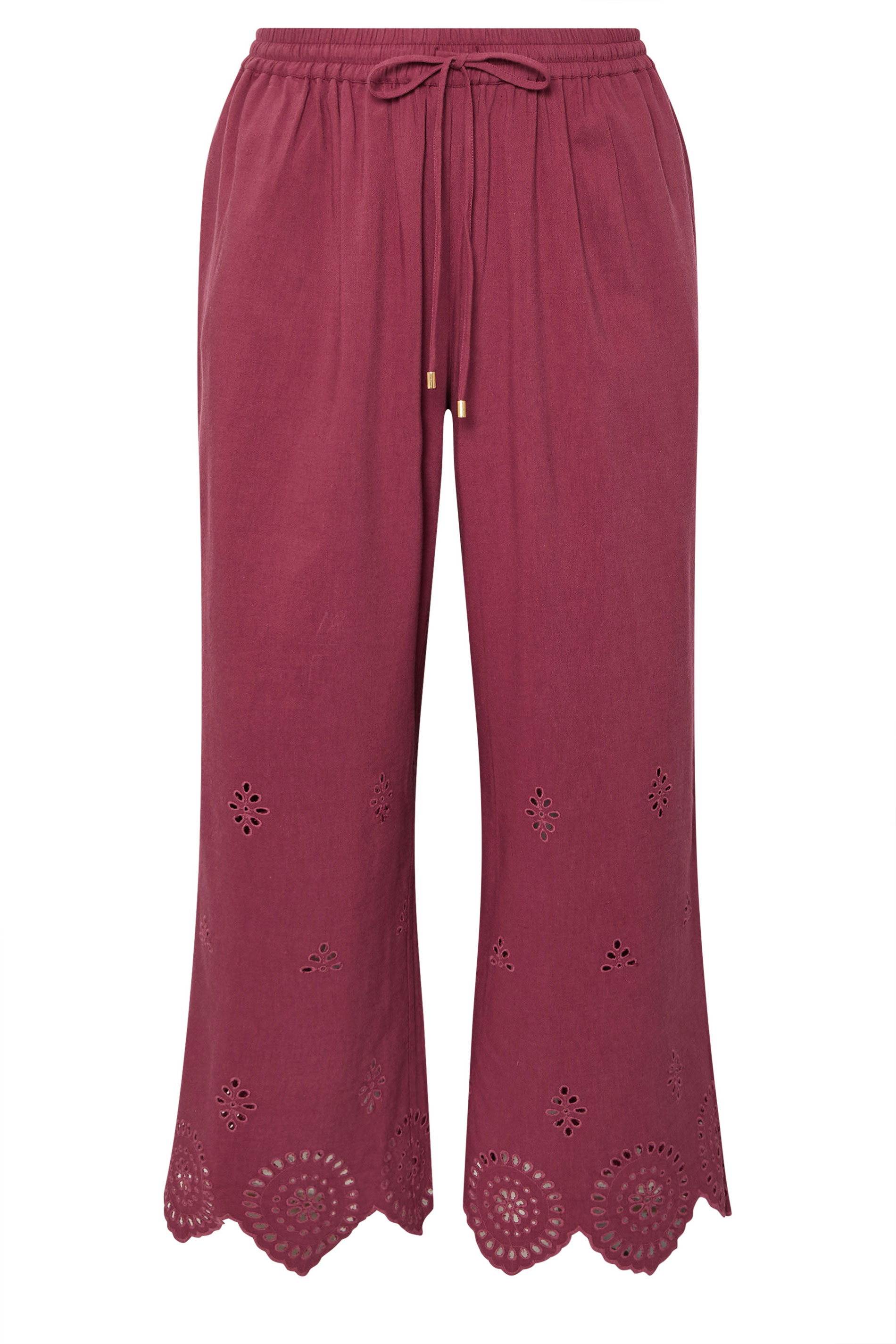 EVANS Plus Size Burgundy Red Broderie Hem Linen Trousers | Evans 6