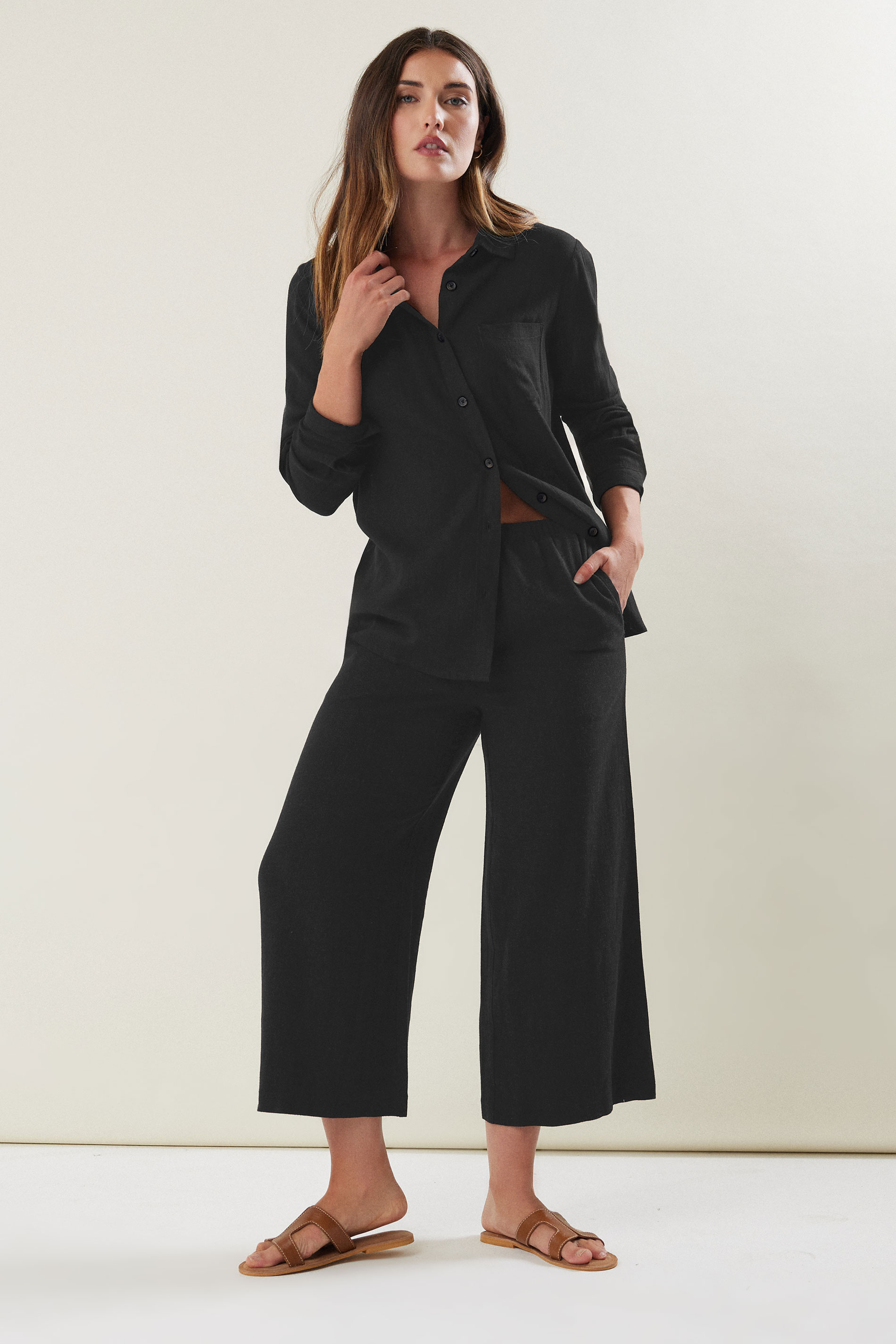 LTS Tall Black Wide Leg Cropped Linen Trousers 1