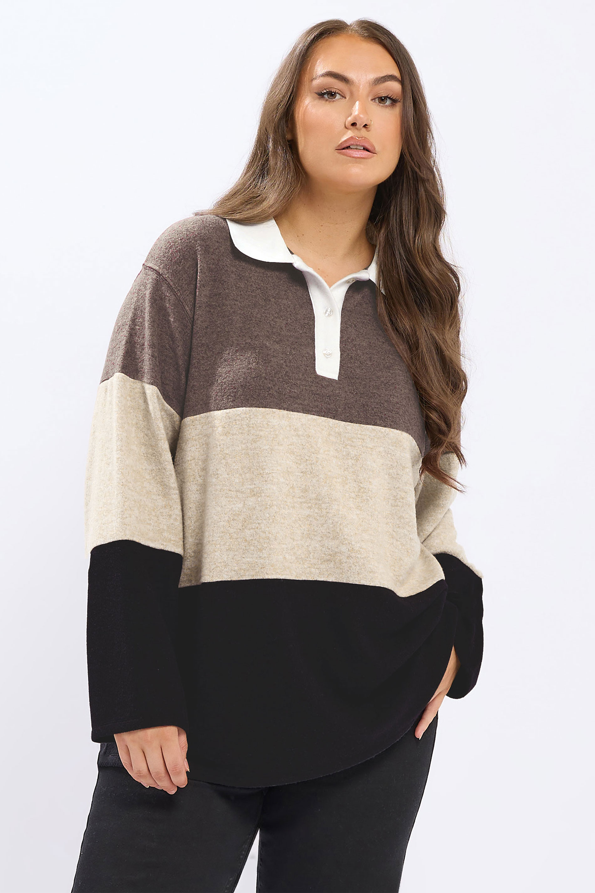 YOURS Plus Size Natural Brown Colourblock Rugby Collar Top | Yours Clothing 3