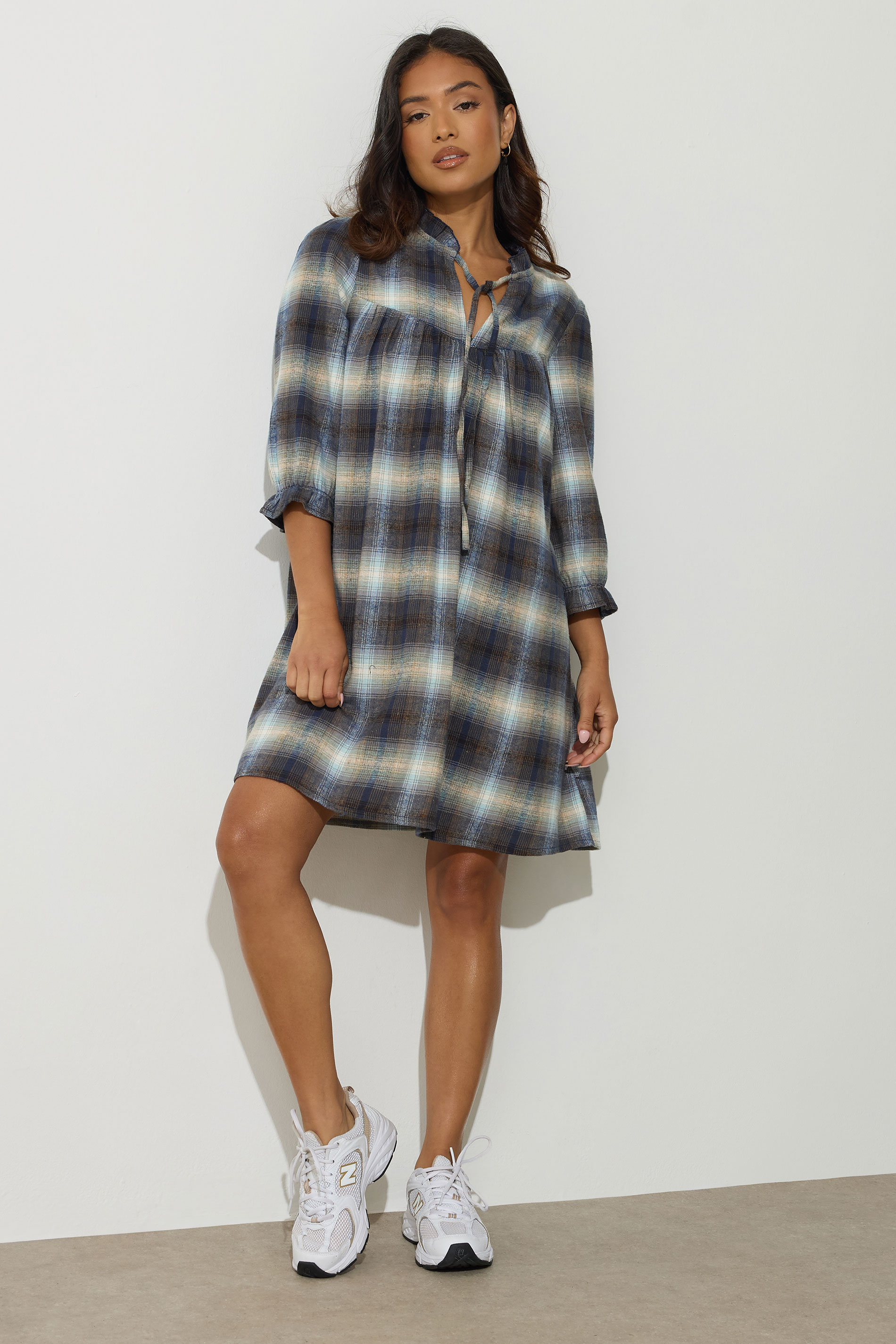 PixieGirl Petite Women's Blue Brushed Check Tie Smock Dress | PixieGirl 1