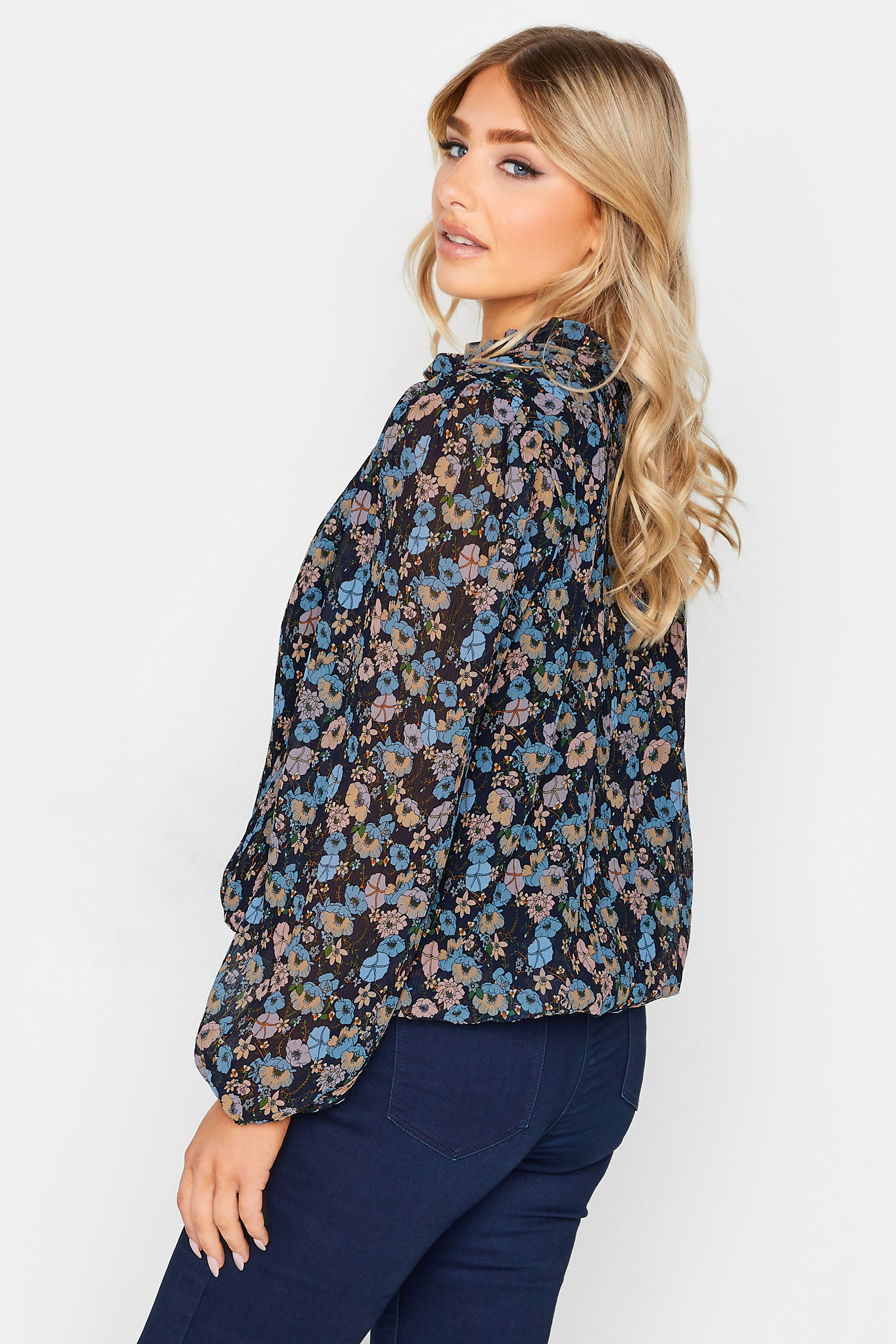 M&Co Navy Blue Floral Pleated Blouse | M&Co