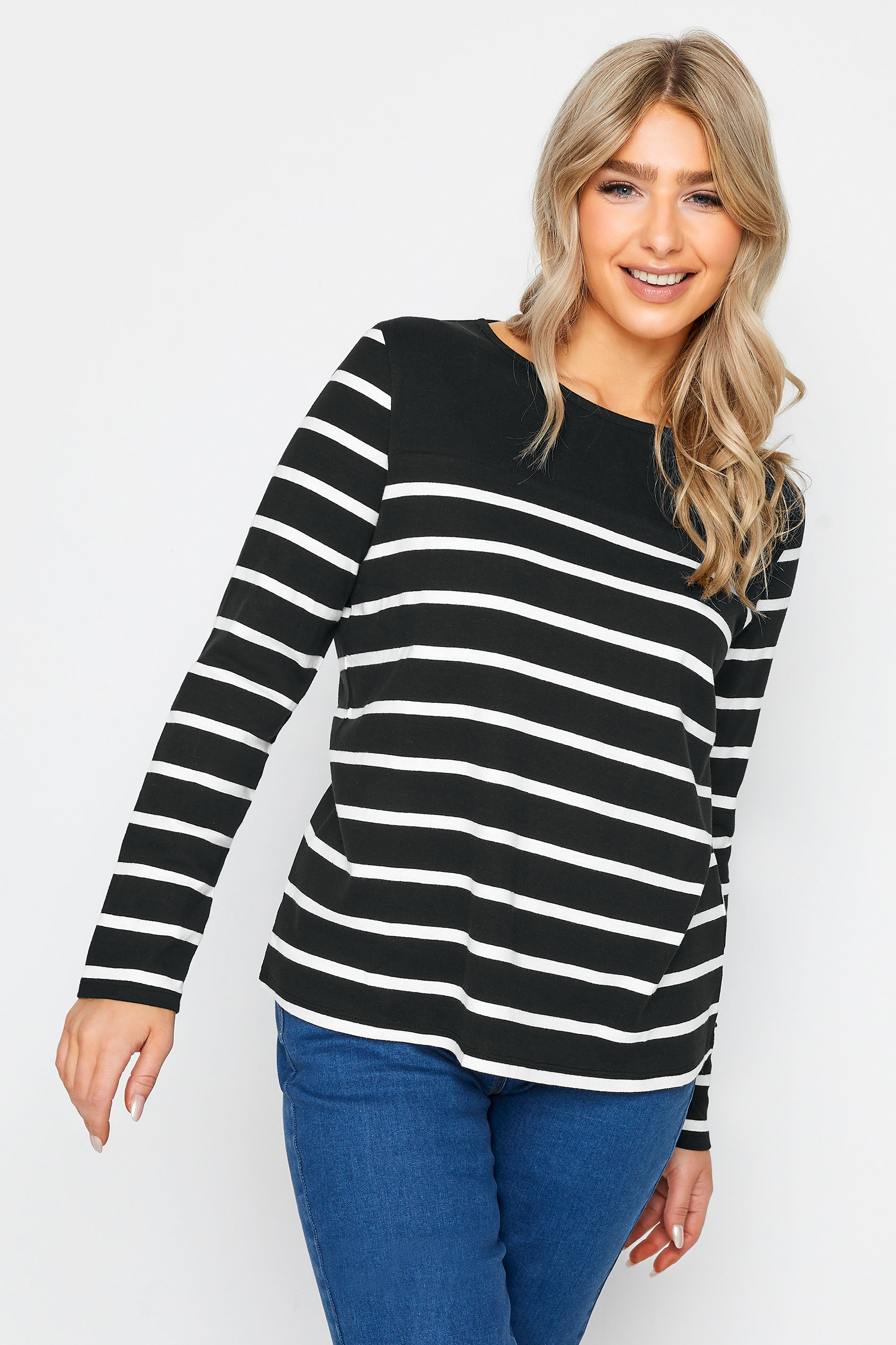 M&Co Black Stripe Print Long Sleeve Cotton T-Shirt | M&Co 1