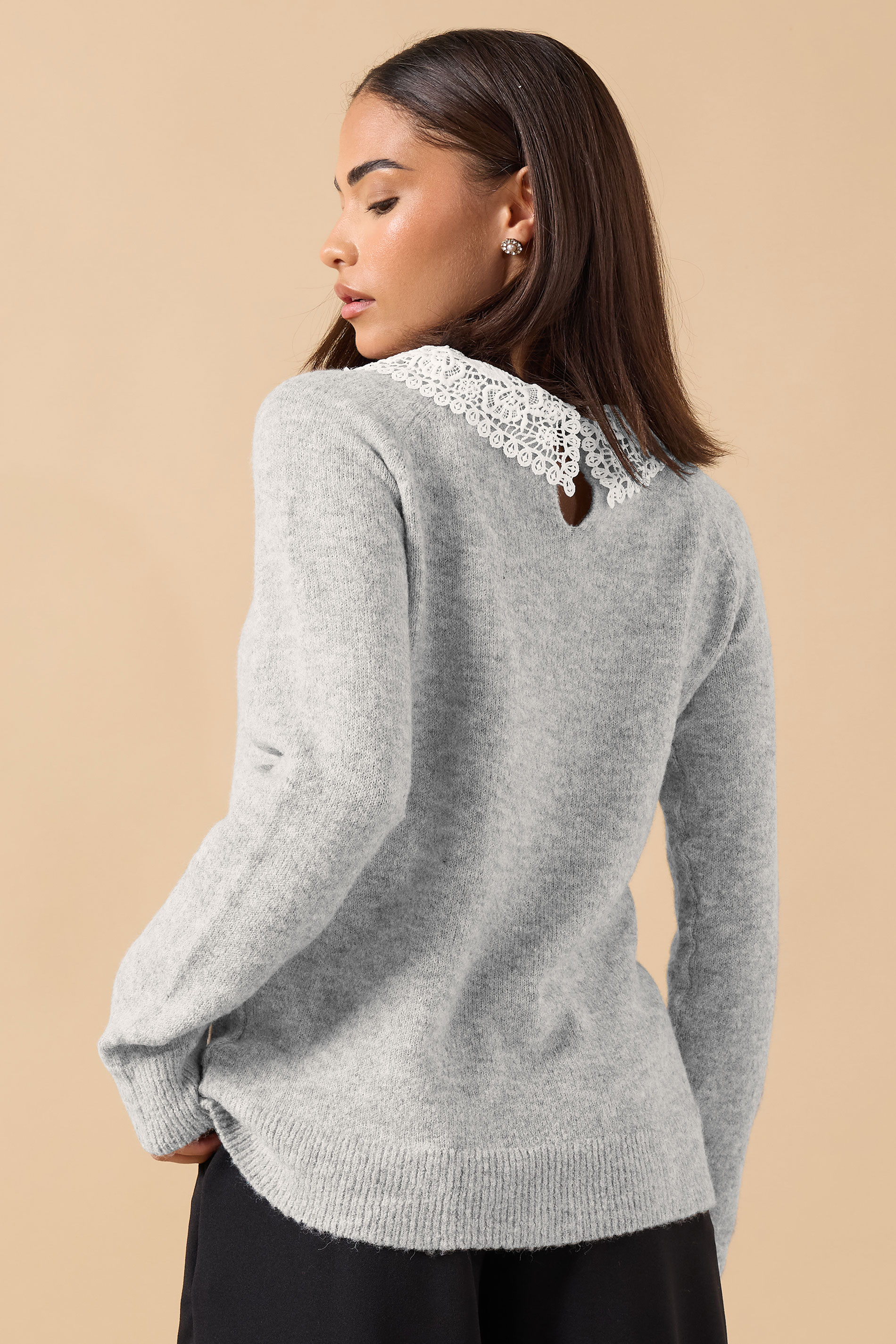 PixieGirl Petite Women's Grey Lace Collar Bow Jumper | PixieGirl 2