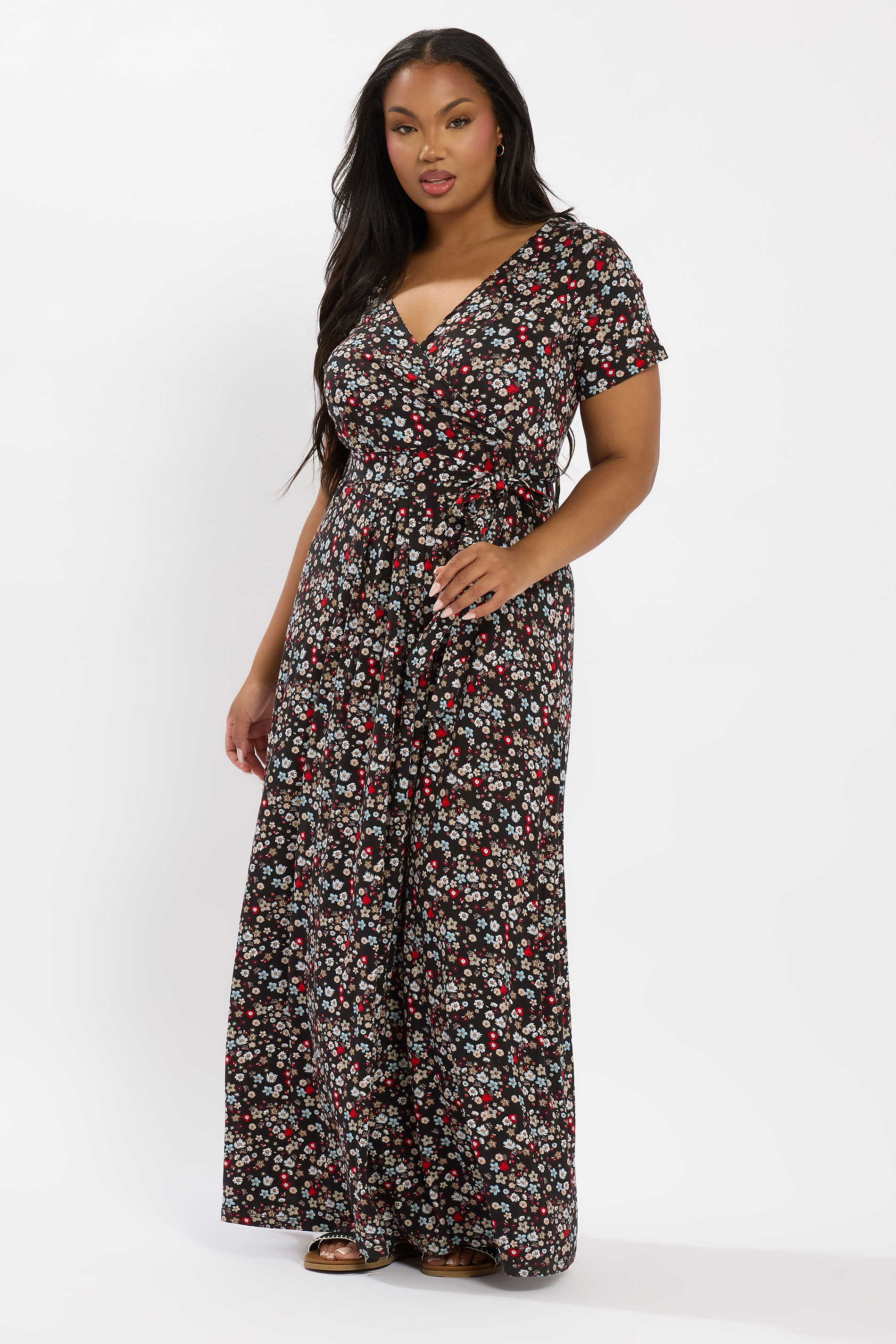 YOURS Plus Size Black Ditsy Floral Maxi Wrap Dress | Yours Clothing 3