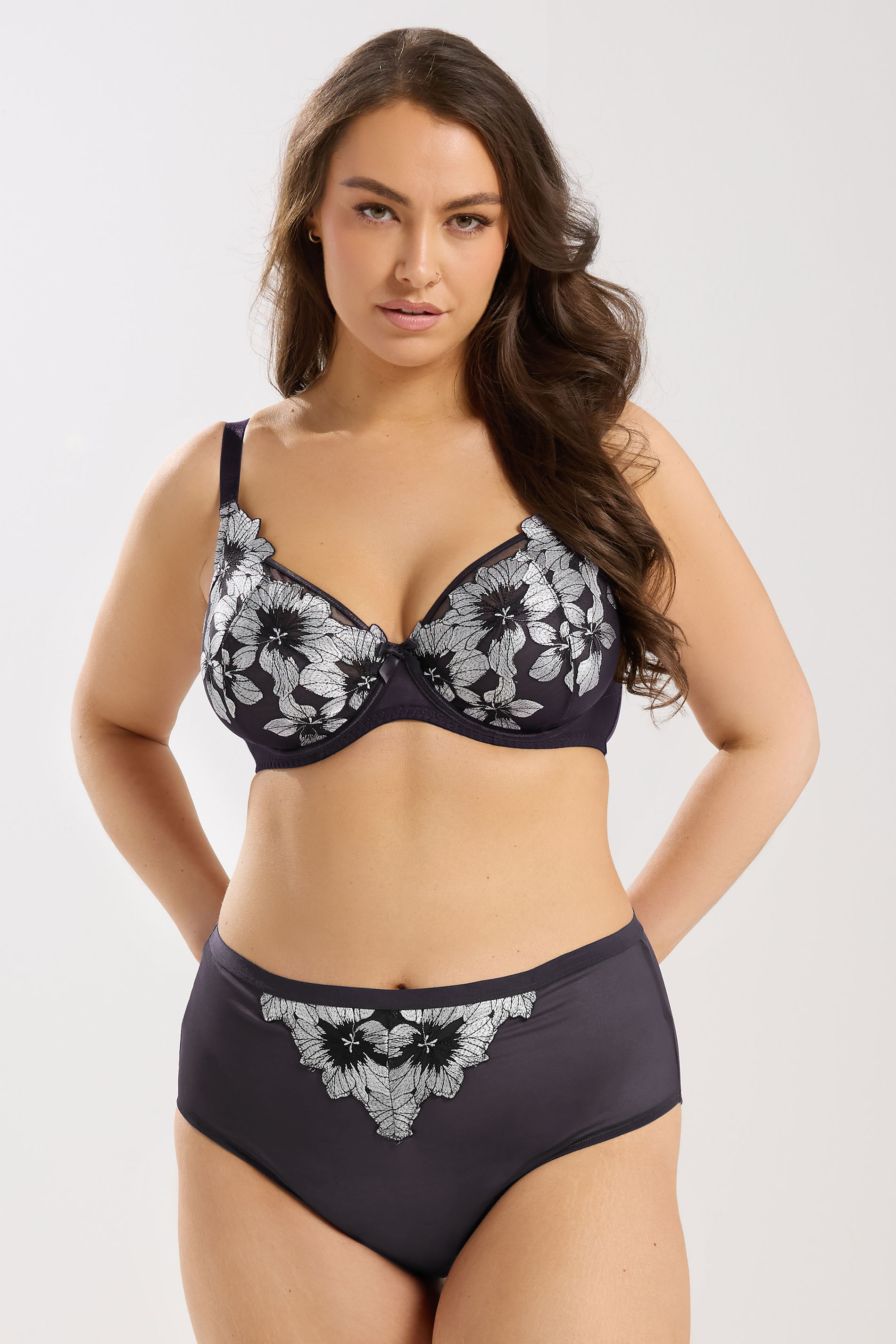 YOURS Plus Size Purple Floral Embroidered Non Padded Bra | Yours Clothing 1