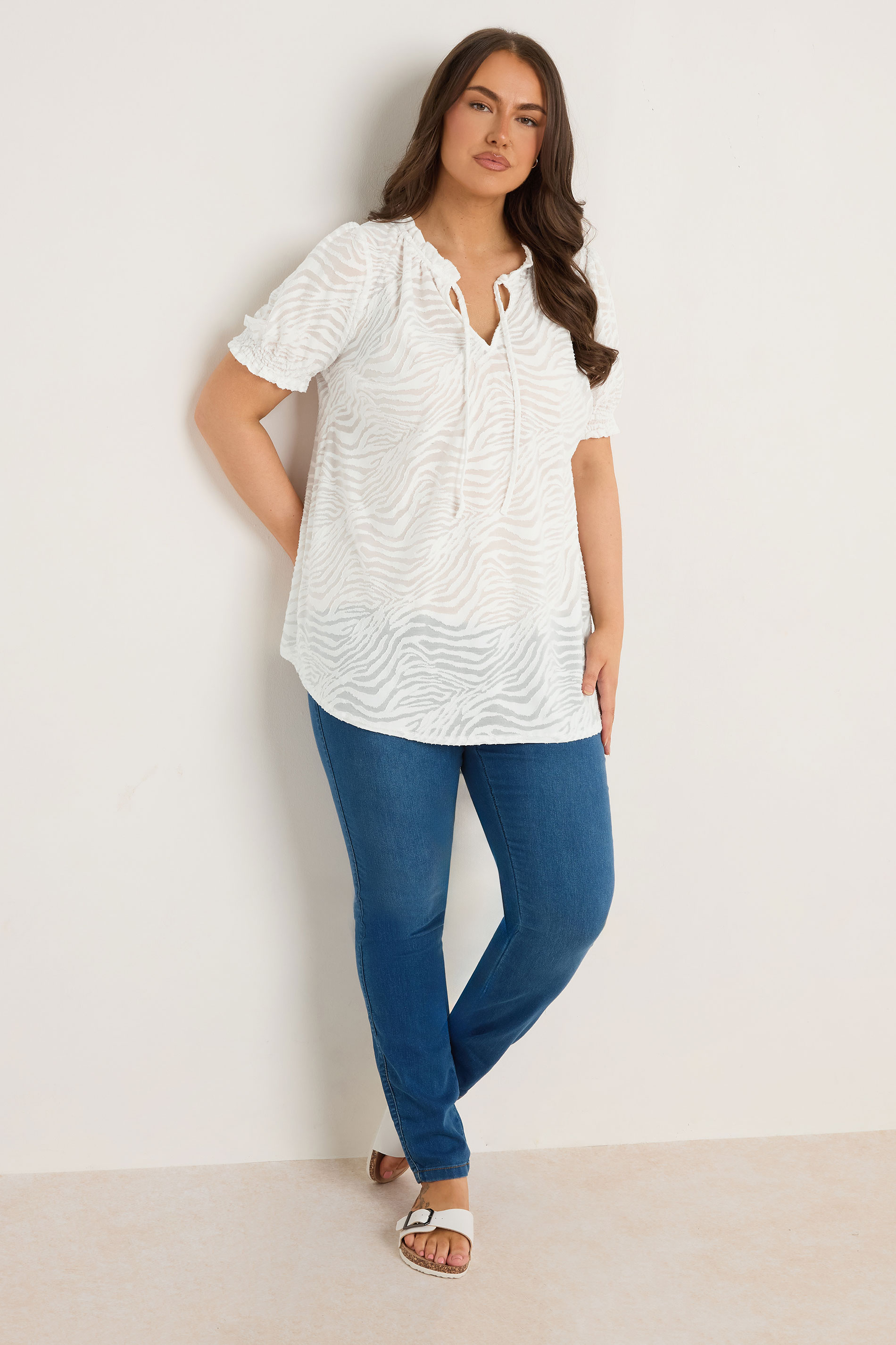 EVANS Plus Size White Burnout Print Tie Neck Blouse | Evans 2
