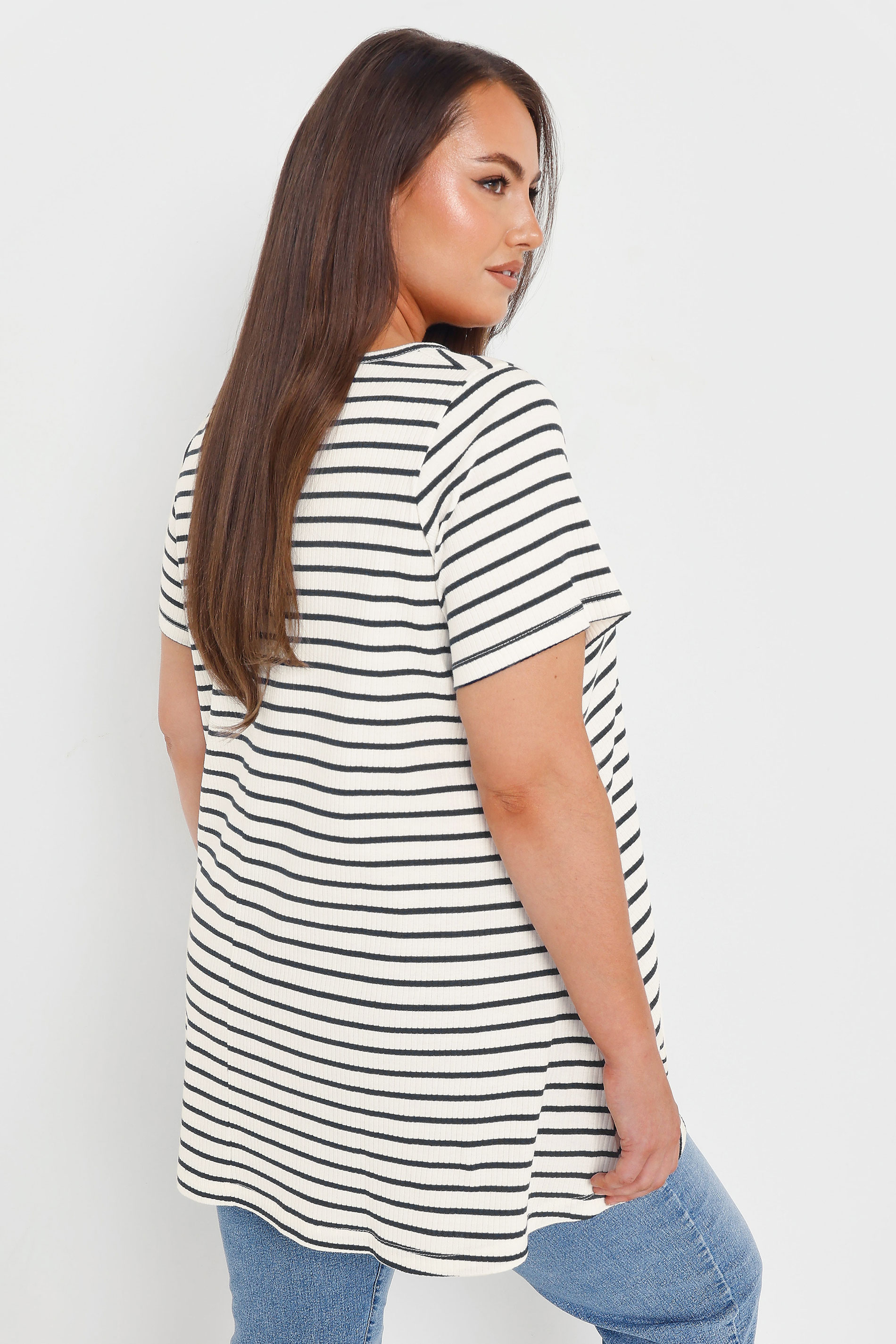 YOURS Plus Size White Striped Ribbed Swing Top | Yours Clothing 2