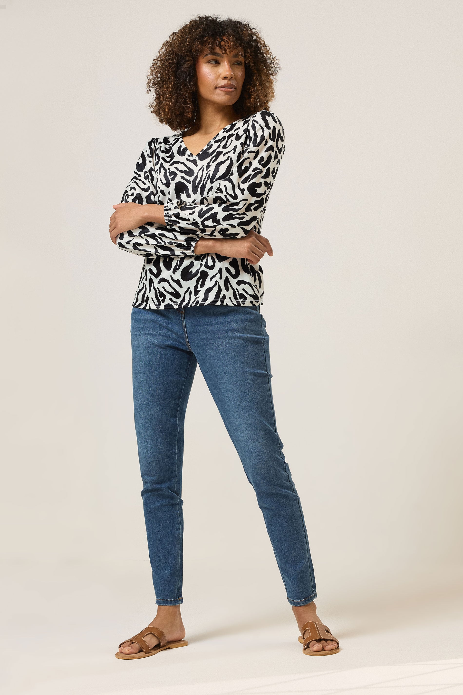 M&Co Ivory White Animal Print Long Sleeve V-Neck Top | M&Co 2