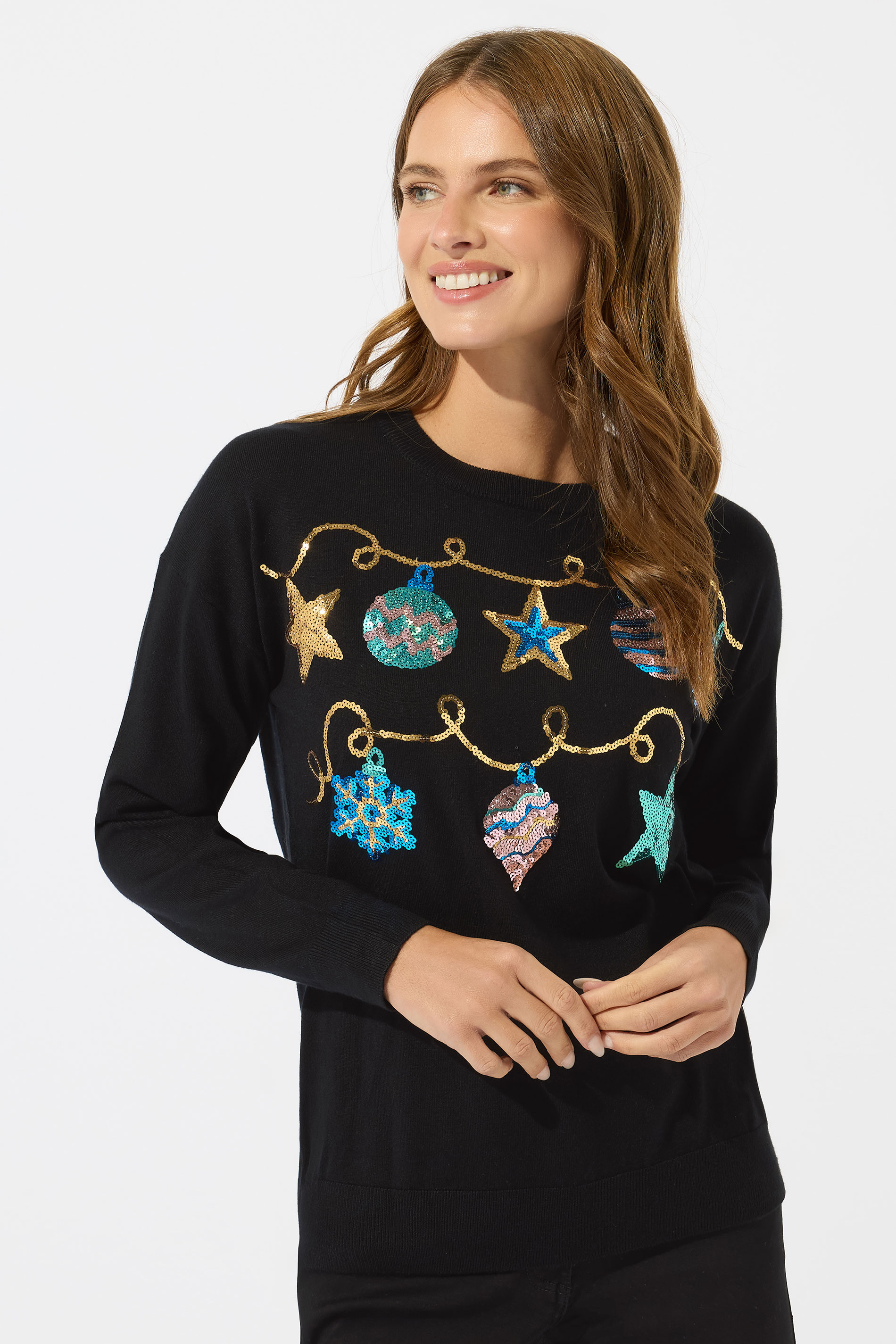 M&Co Black Sequin Embellished Baubles Christmas Jumper | M&Co 1