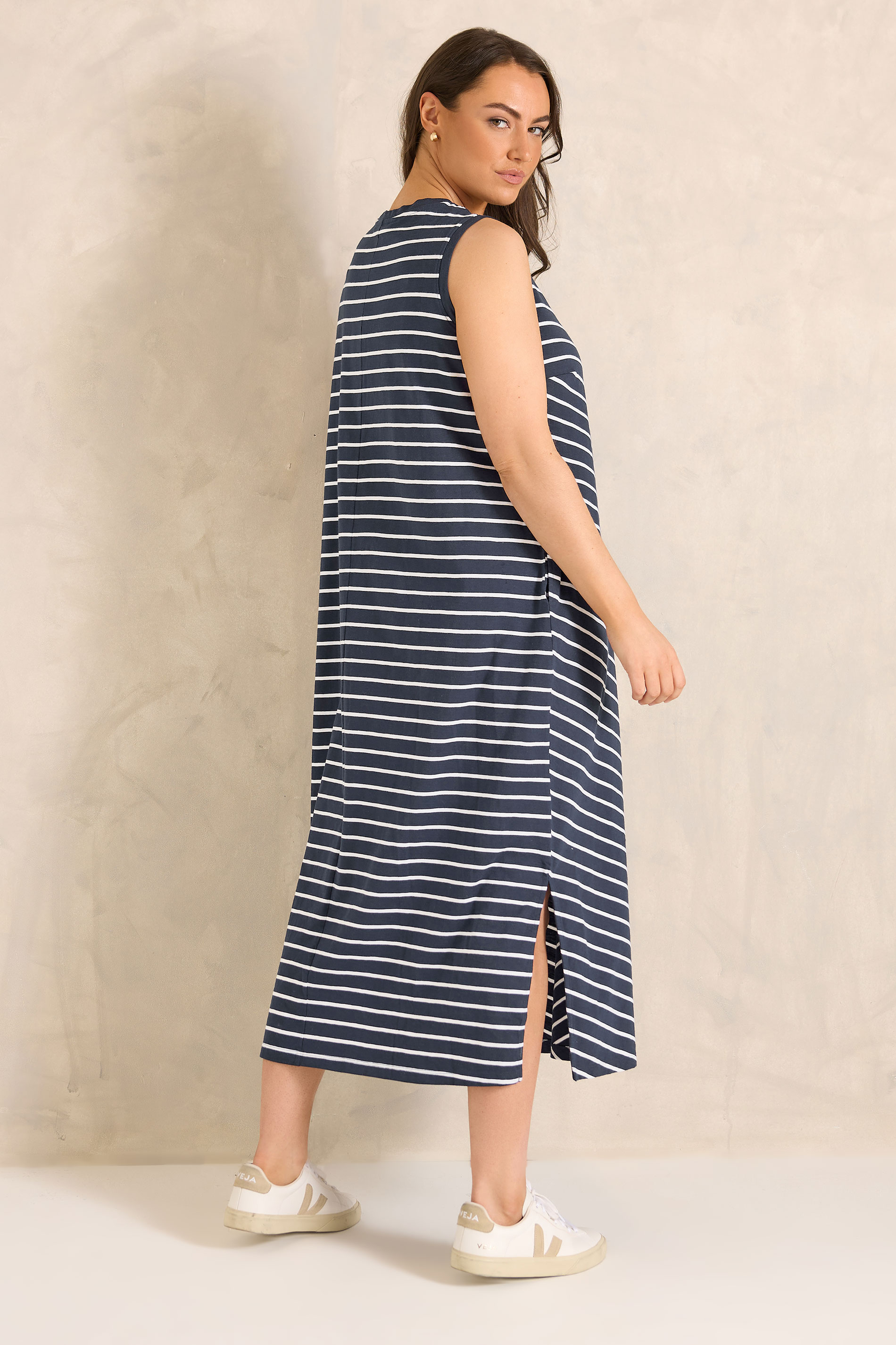 EVANS Plus Size Navy Blue Stripe Sleeveless Premium Cotton Dress 2