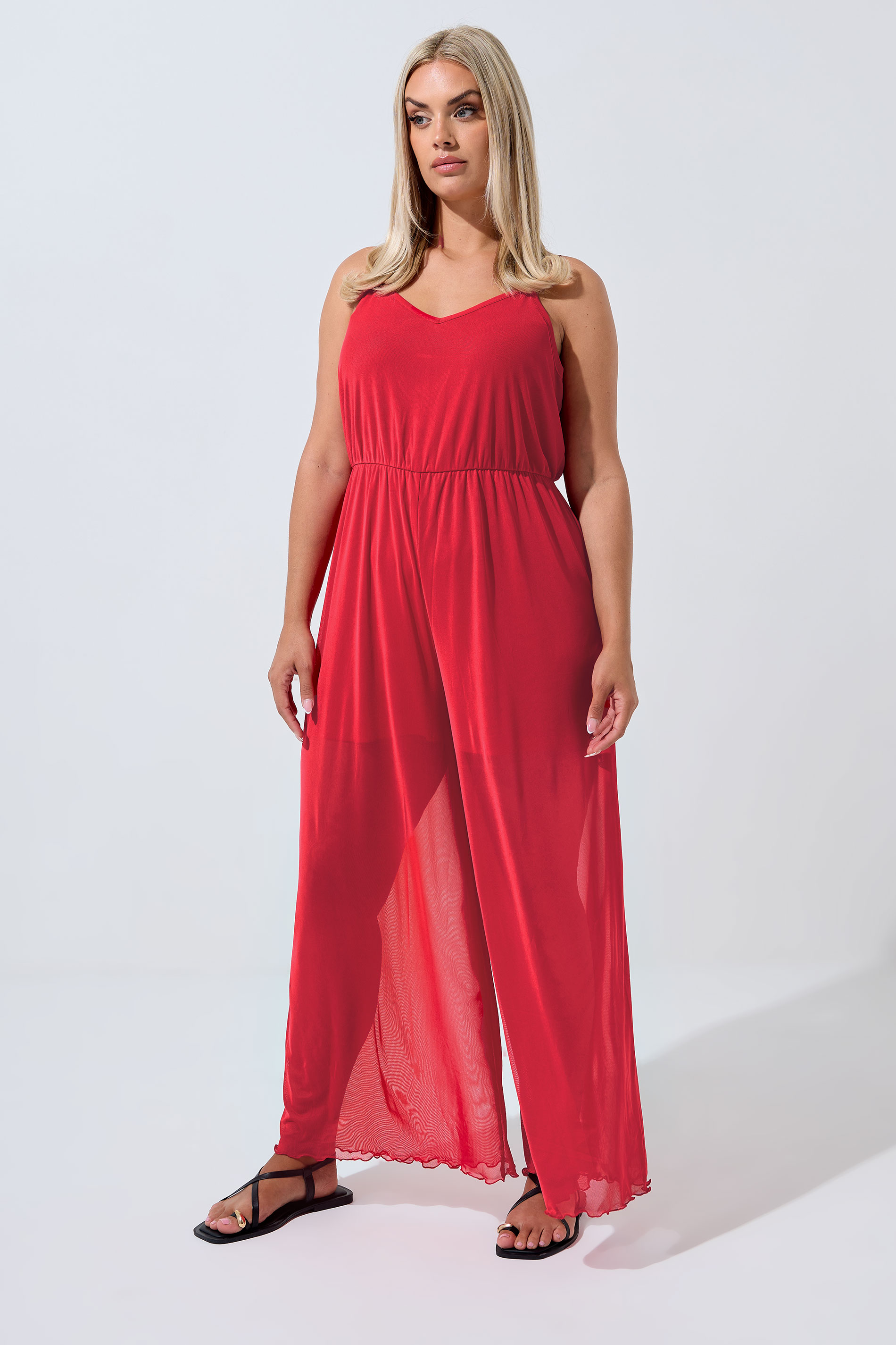 LIMITED COLLECTION Plus Size Red Mesh Jumpsuit | Yours Clothing 1
