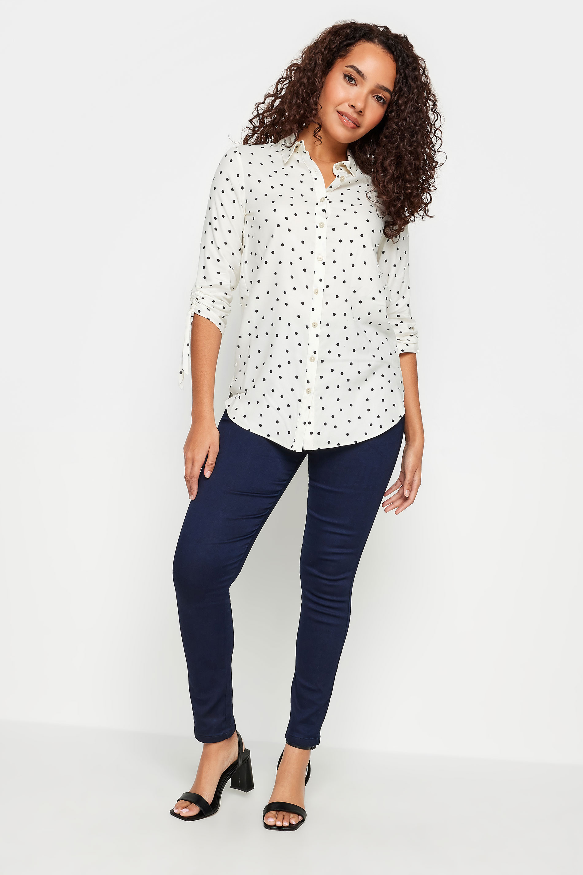 M&Co White Polka Dot Print Ruched Sleeve Shirt | M&Co 2