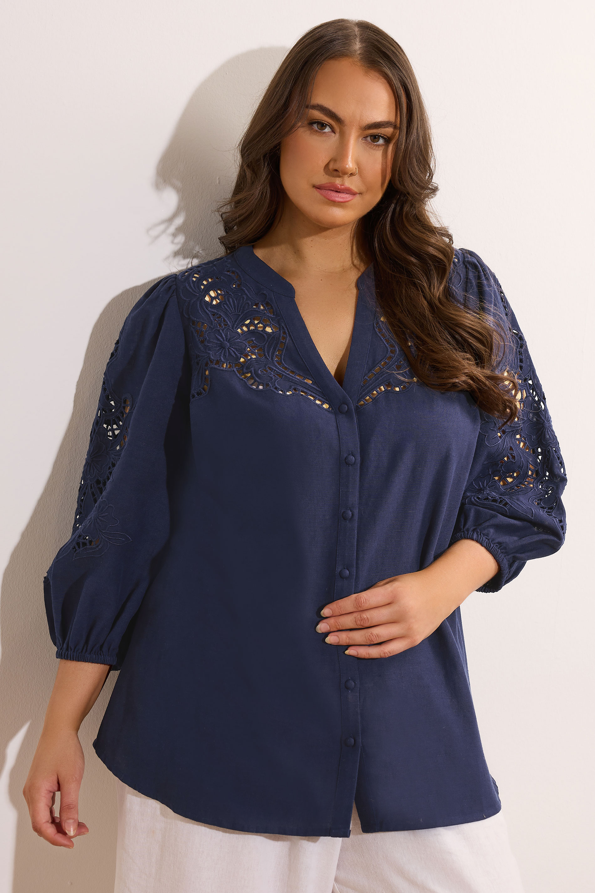 EVANS Plus Size Navy Blue Cutwork Linen Blouse | Evans 3
