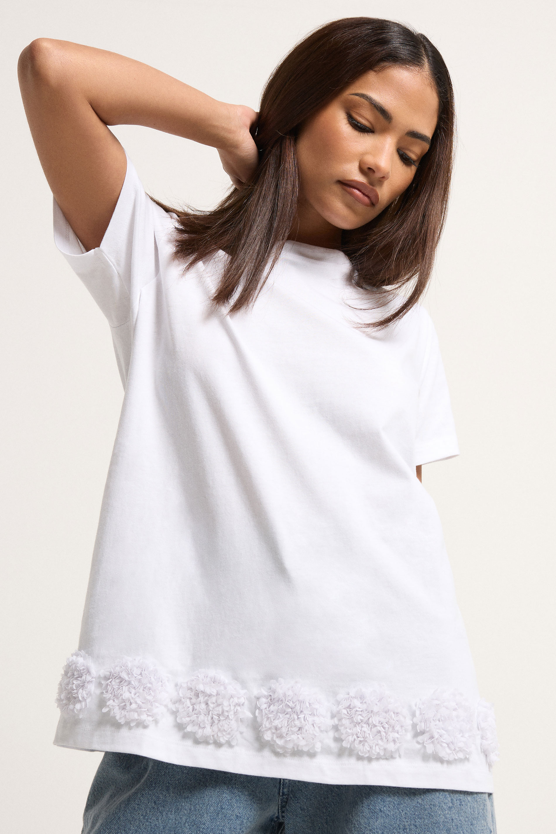 PixieGirl Petite Women's White Flower Hem Cotton T-Shirt | PixieGirl 1