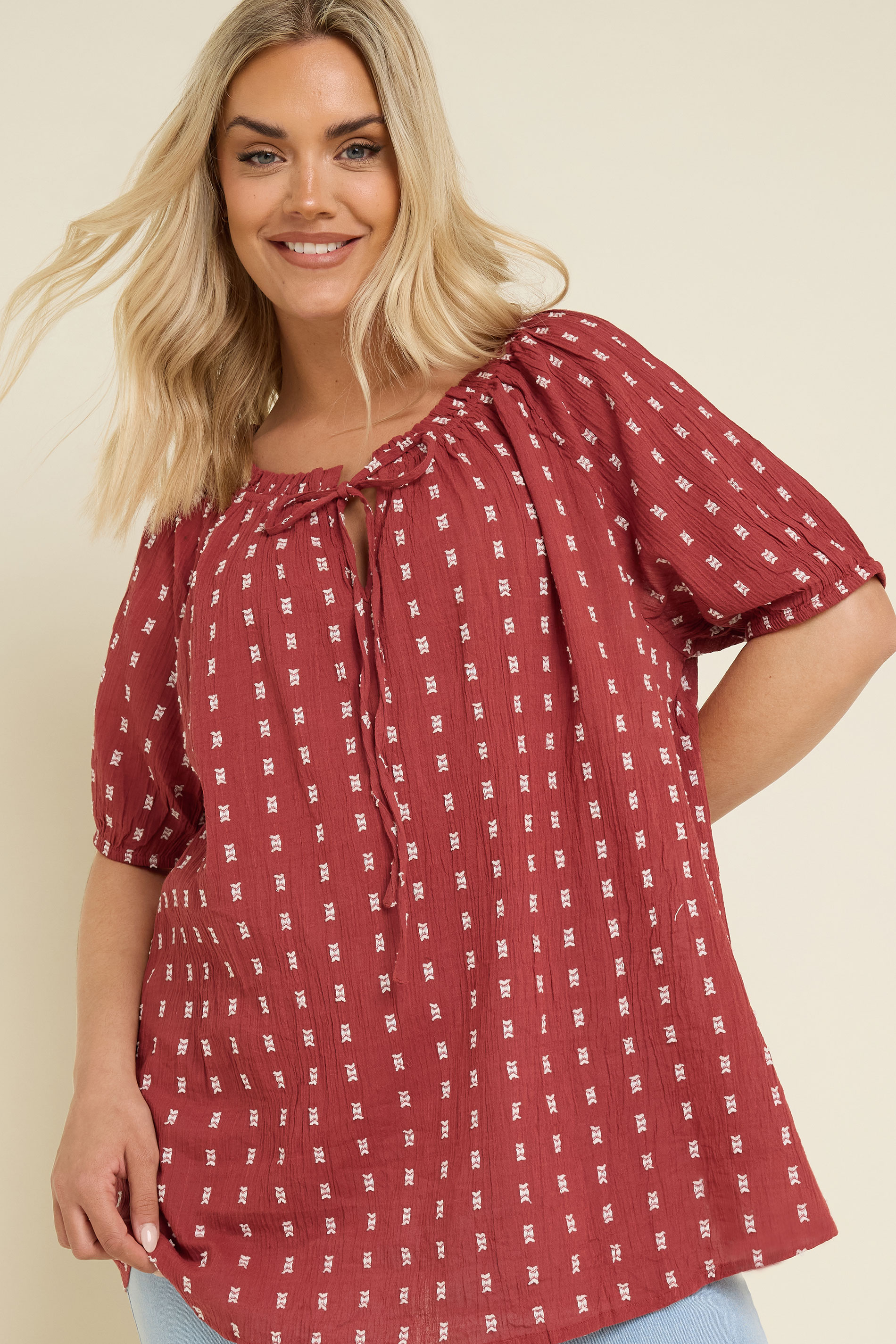 YOURS Plus Size Rust Orange Dobby Tie Neck Top | Yours Clothing 3