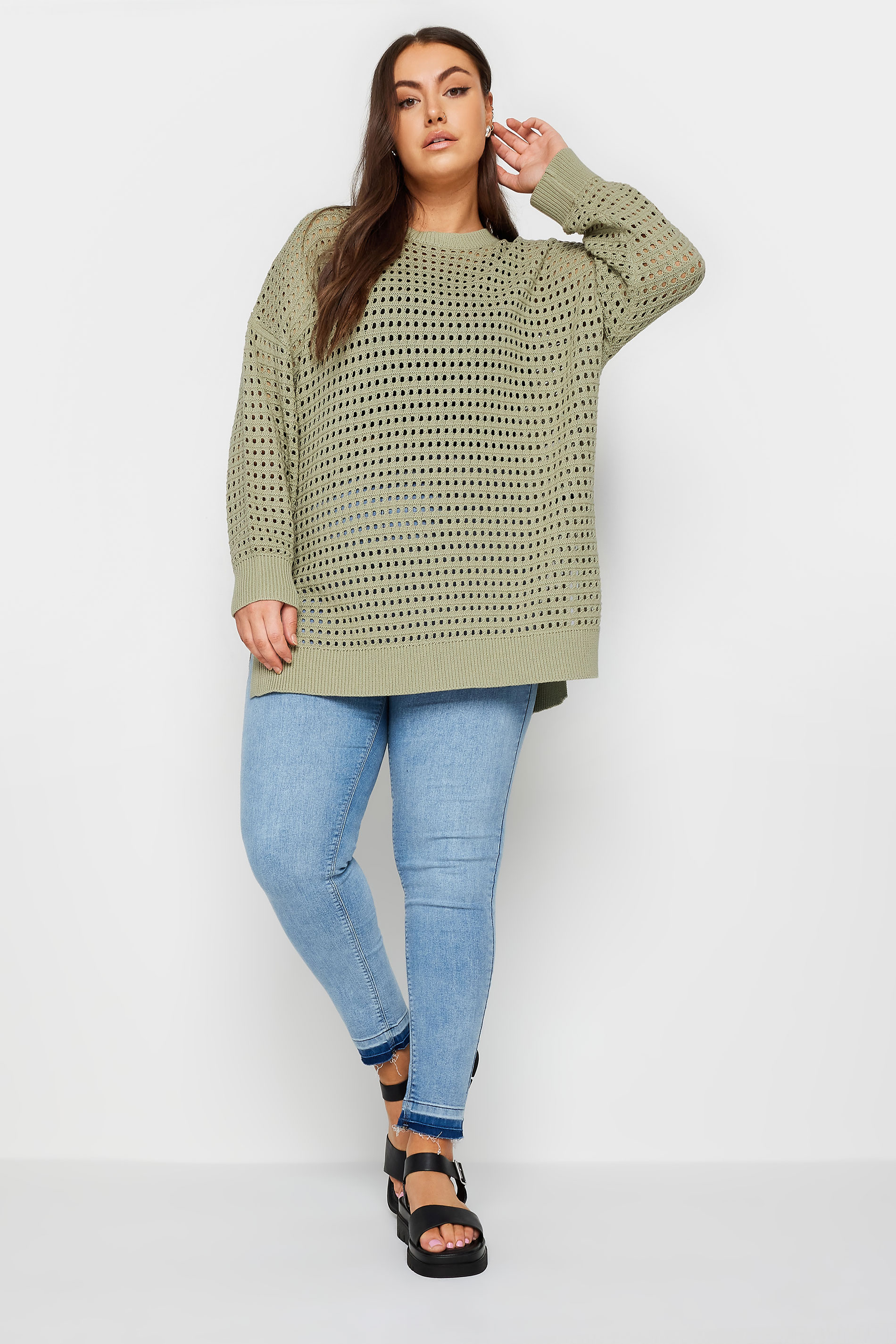 YOURS Plus Size Green Side Split Crochet Jumper | Yours Clothing 2