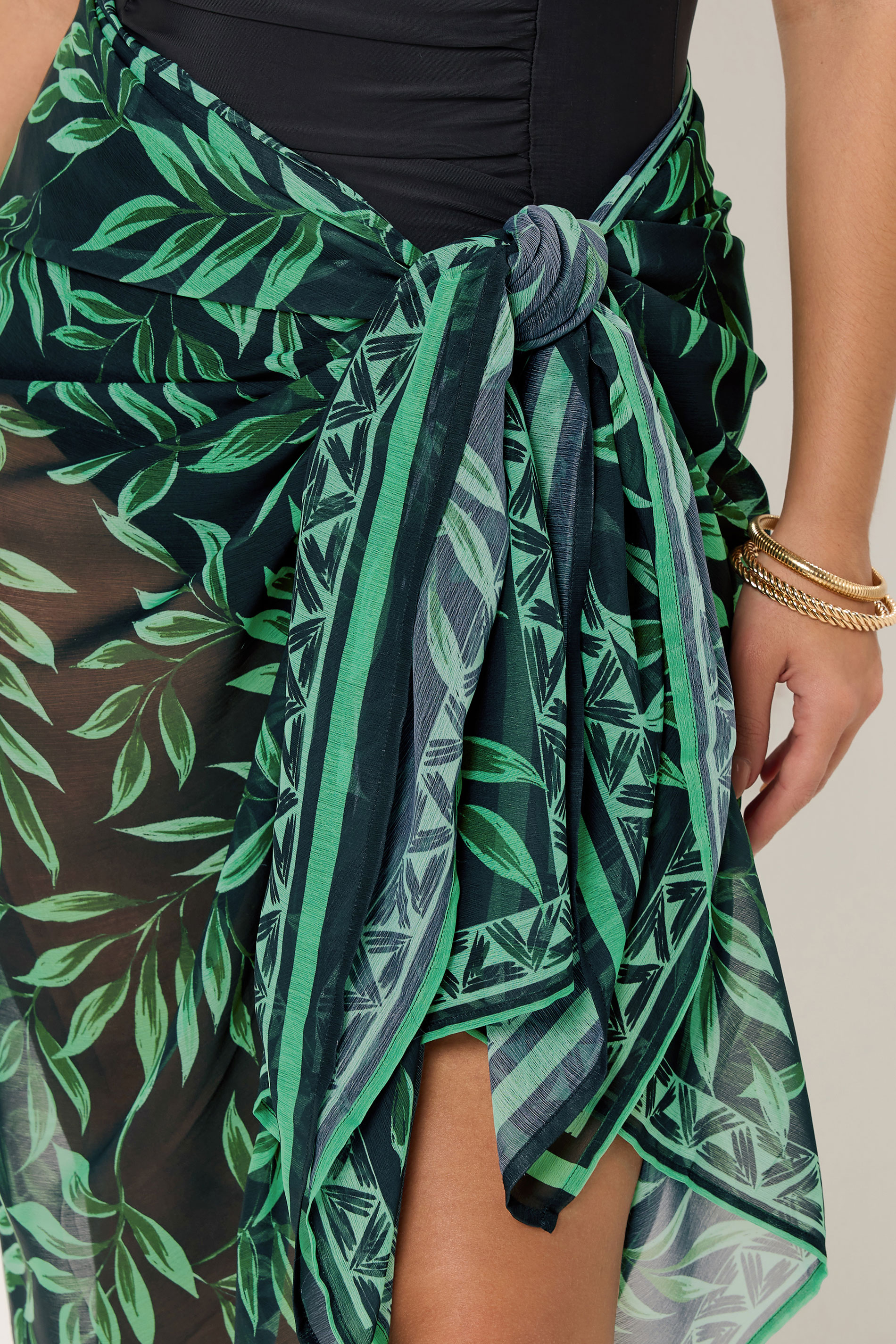 YOURS Plus Size Black & Green Tropical Leaf Wrap Beach Sarong | Yours Clothing 4