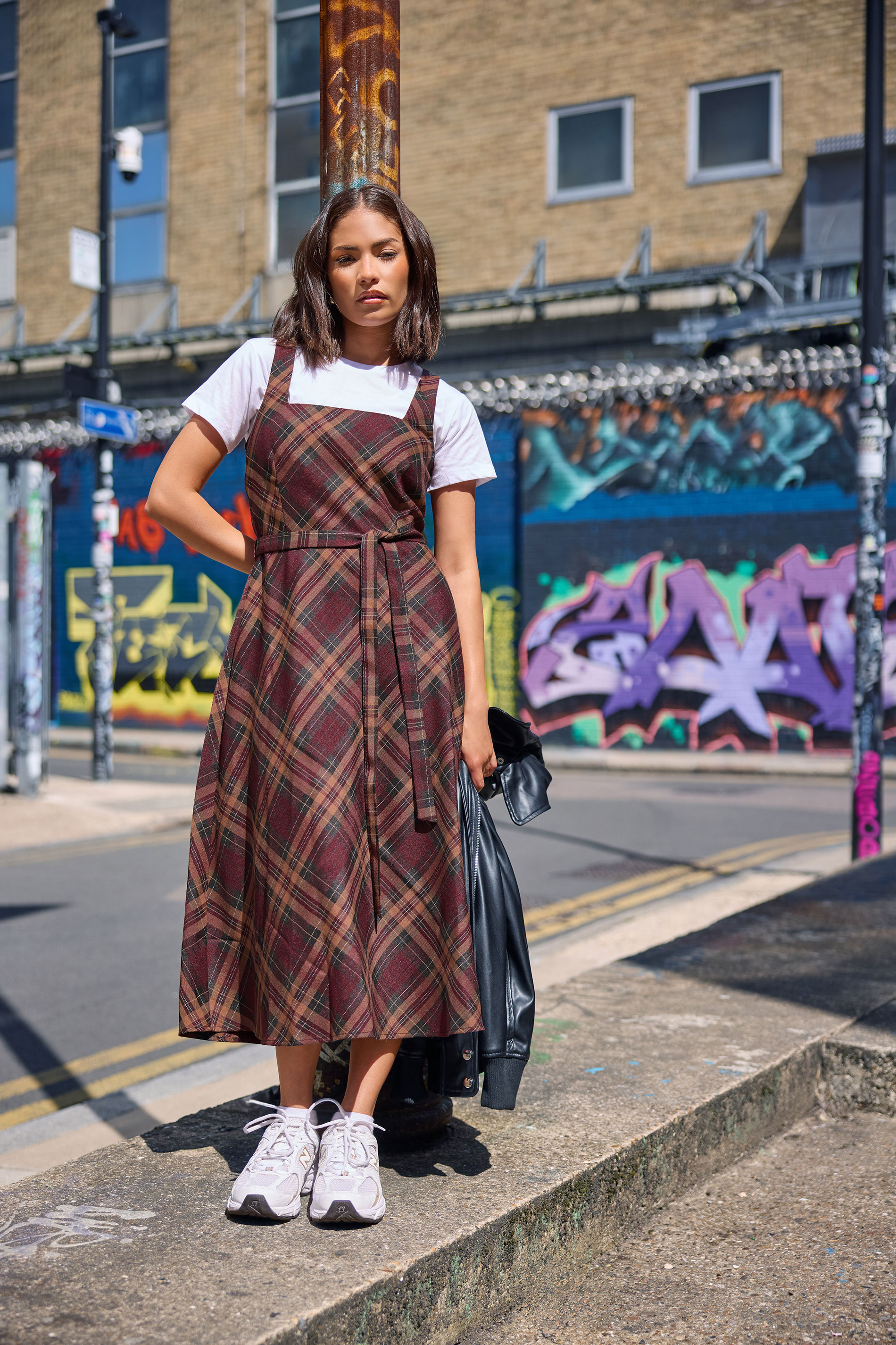 PixieGirl Petite Women's Burgundy Red Check Pinafore Midi Dress | PixieGirl 3
