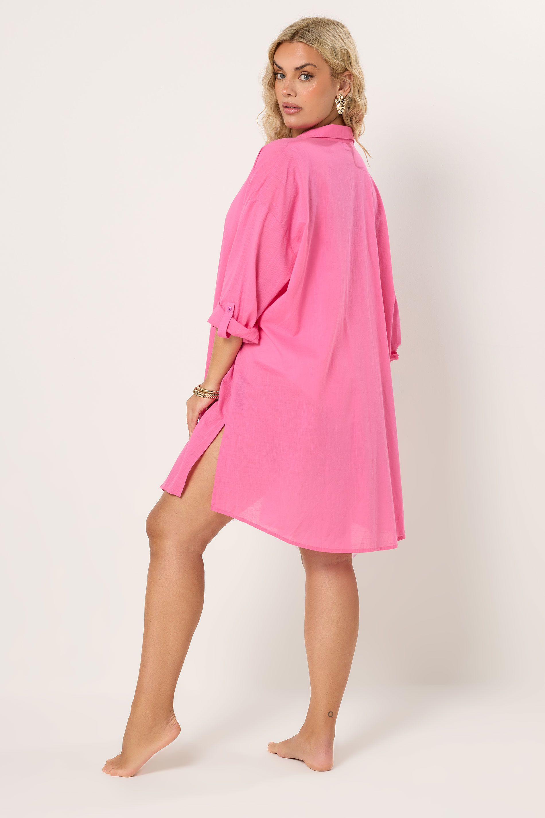 YOURS Plus Size Pink Longline Cotton Beach Shirt | Yours Clothing 5