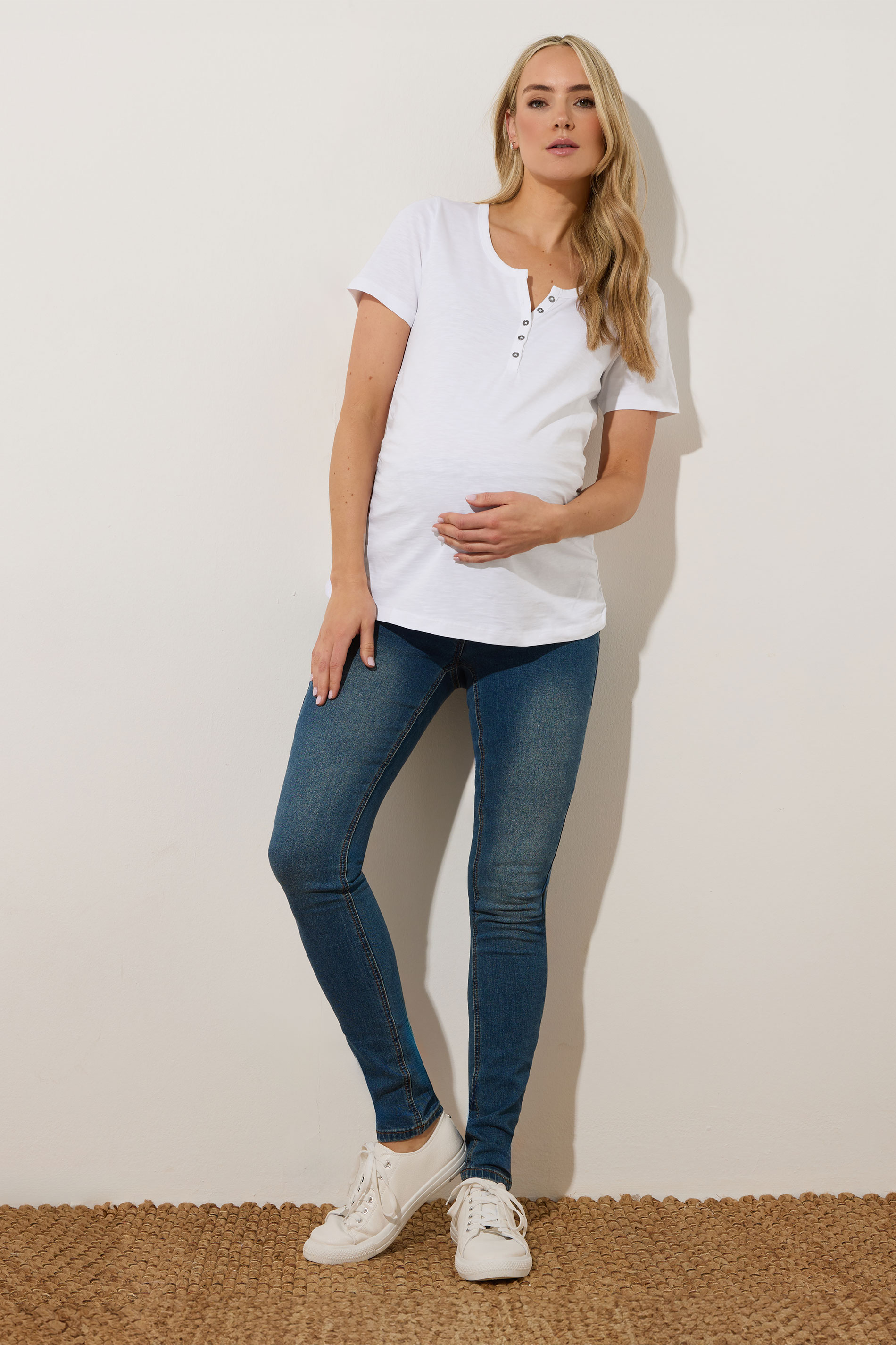 LTS Tall Premium Maternity White Cotton Placket Button T-Shirt | Long Tall Sally 1