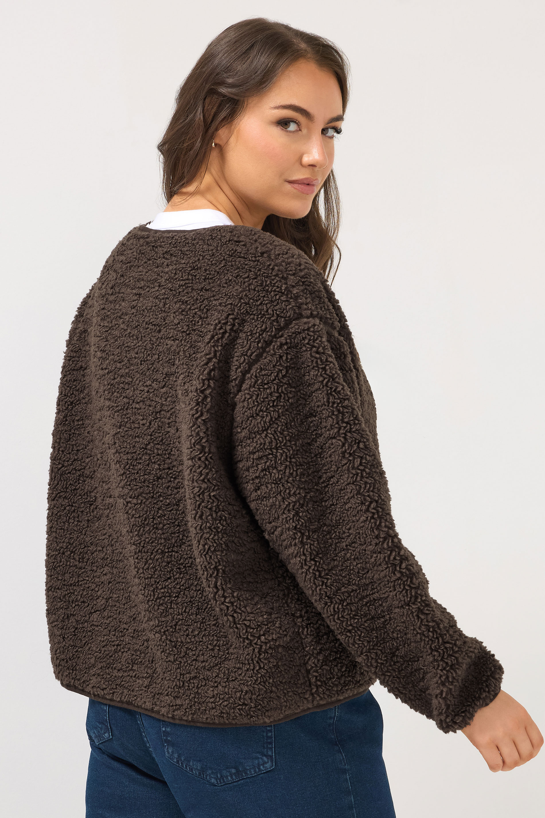 YOURS Plus Size Chocolate Brown Collarless Fleece Jacket | Yours Clothing 2