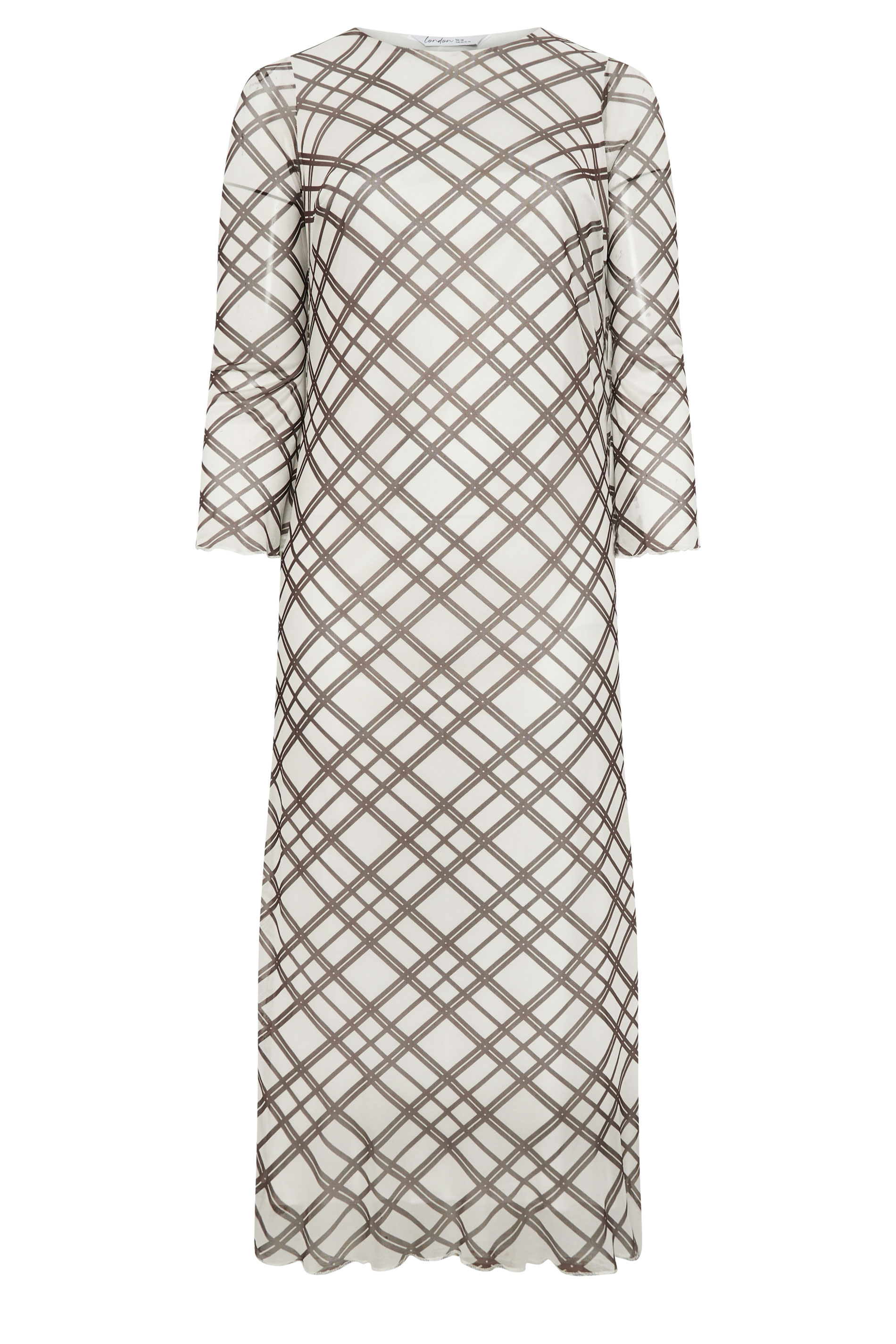 YOURS LONDON Plus Size Ivory White & Brown Checked Mesh Dress | Yours Clothing 5