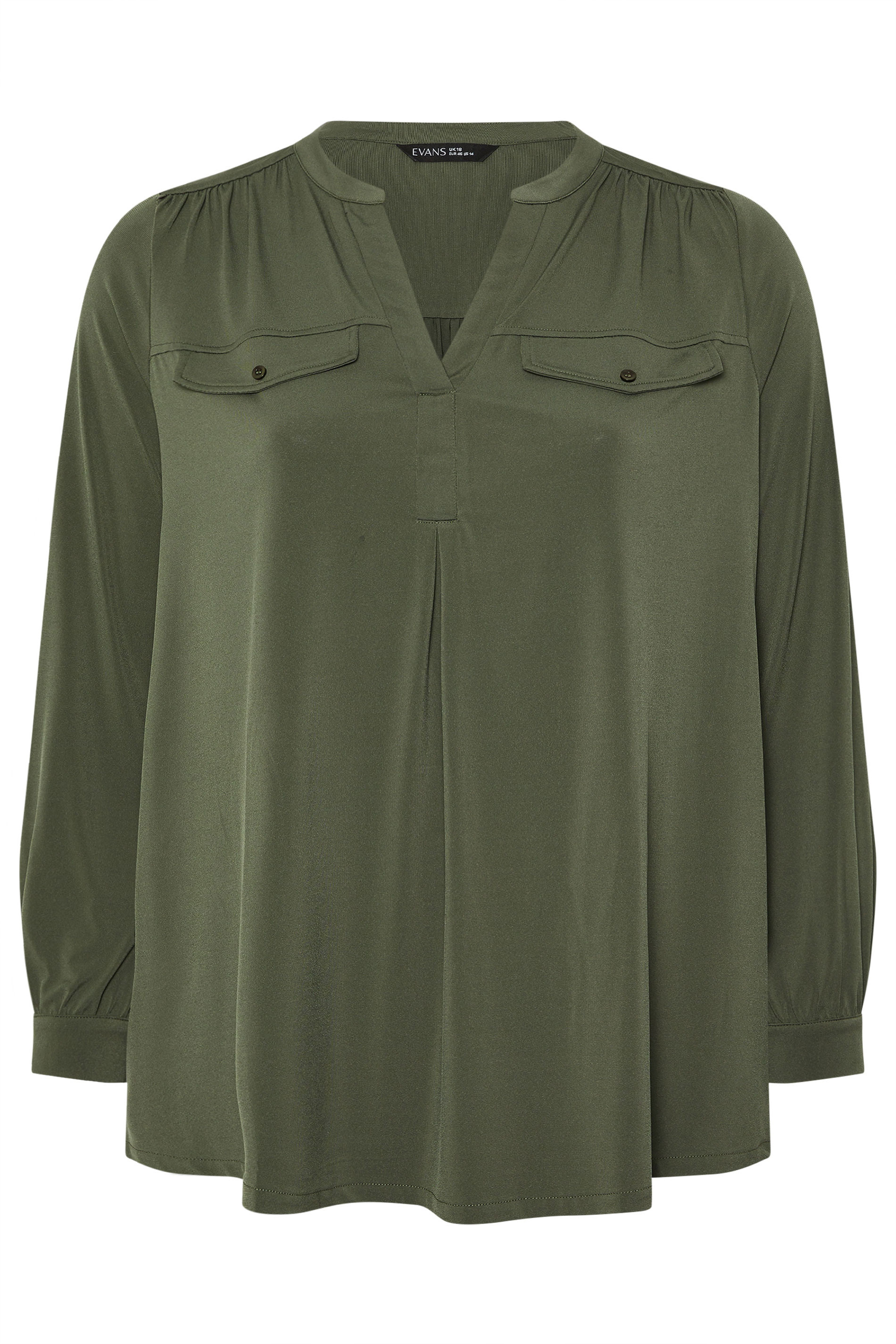 EVANS Plus Size Khaki Green Notch Neck Utility Shirt | Evans 5