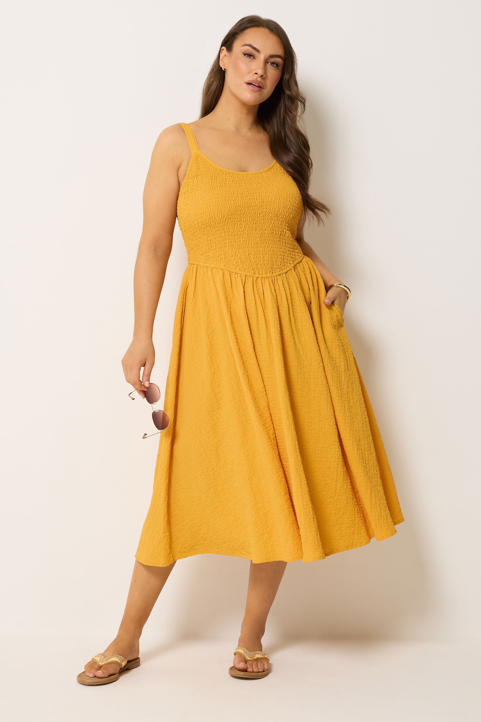 YOURS Plus Size Golden Yellow Shirred Sundress | Yours Clothing 3