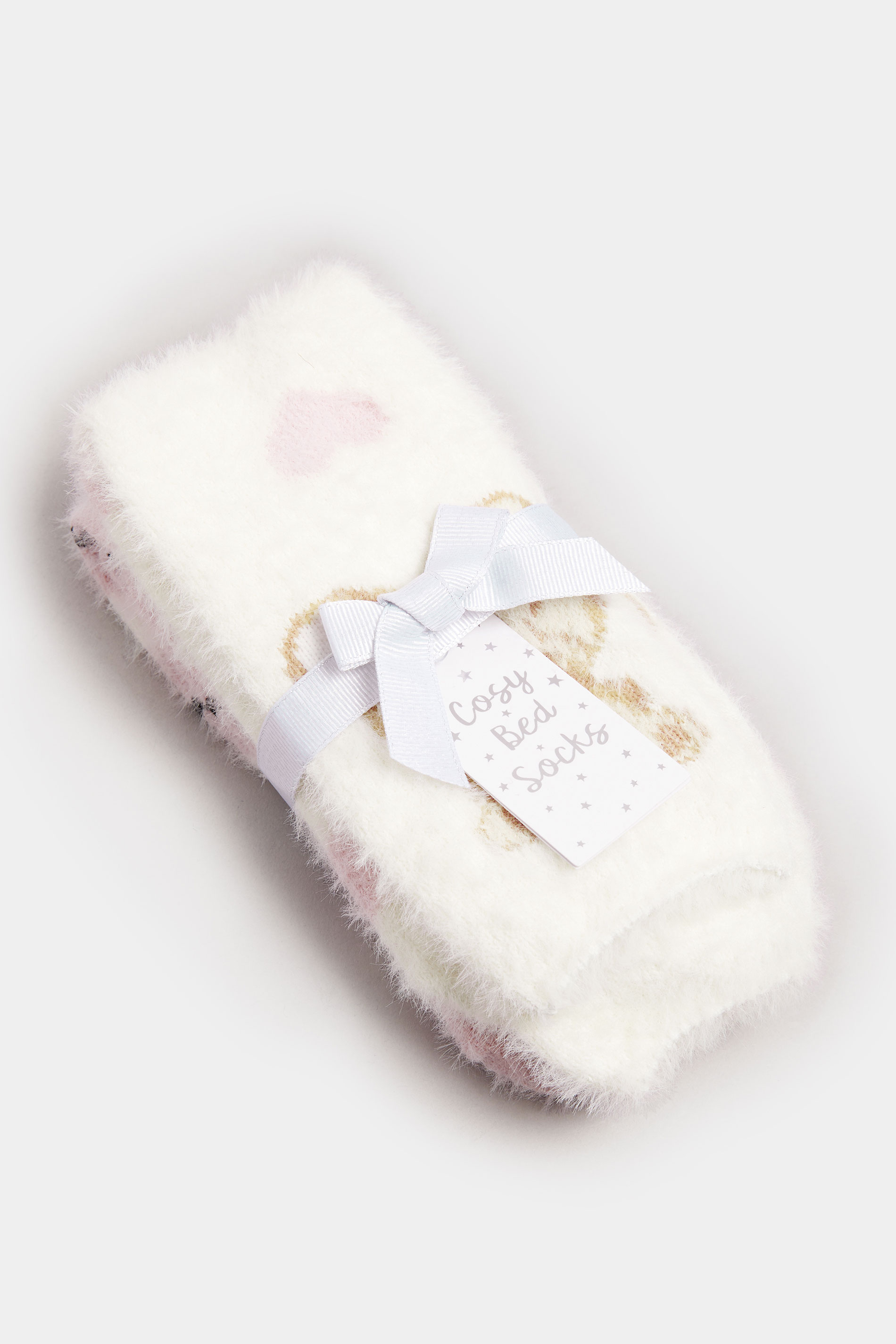 YOURSET 2 PACK Curve White & Pink Teddy Bear Fluffy Bed Socks | Yours Clothing 5