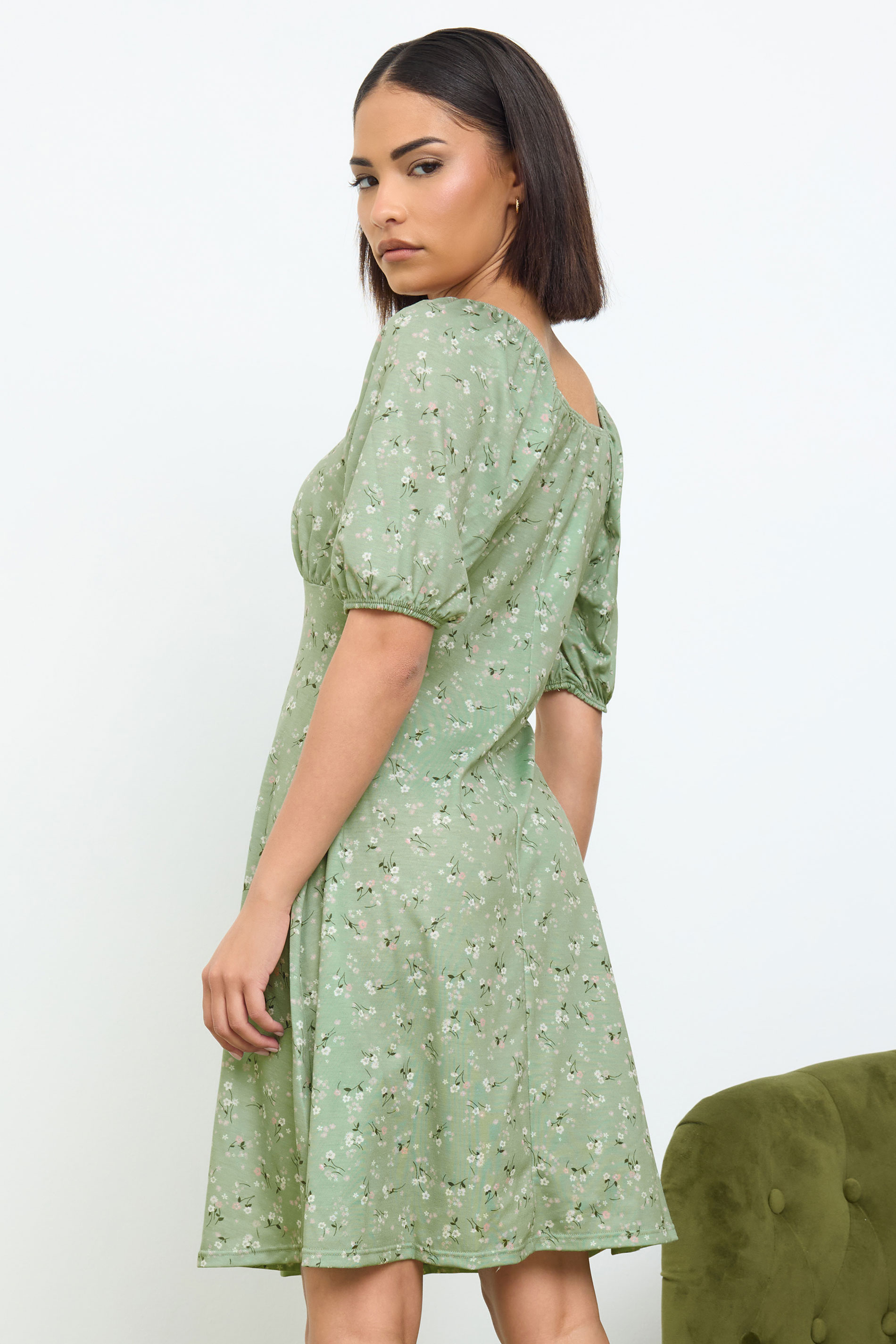 PixieGirl Petite Women's Sage Green Ditsy Floral Print Mini Dress | PixieGirl 2