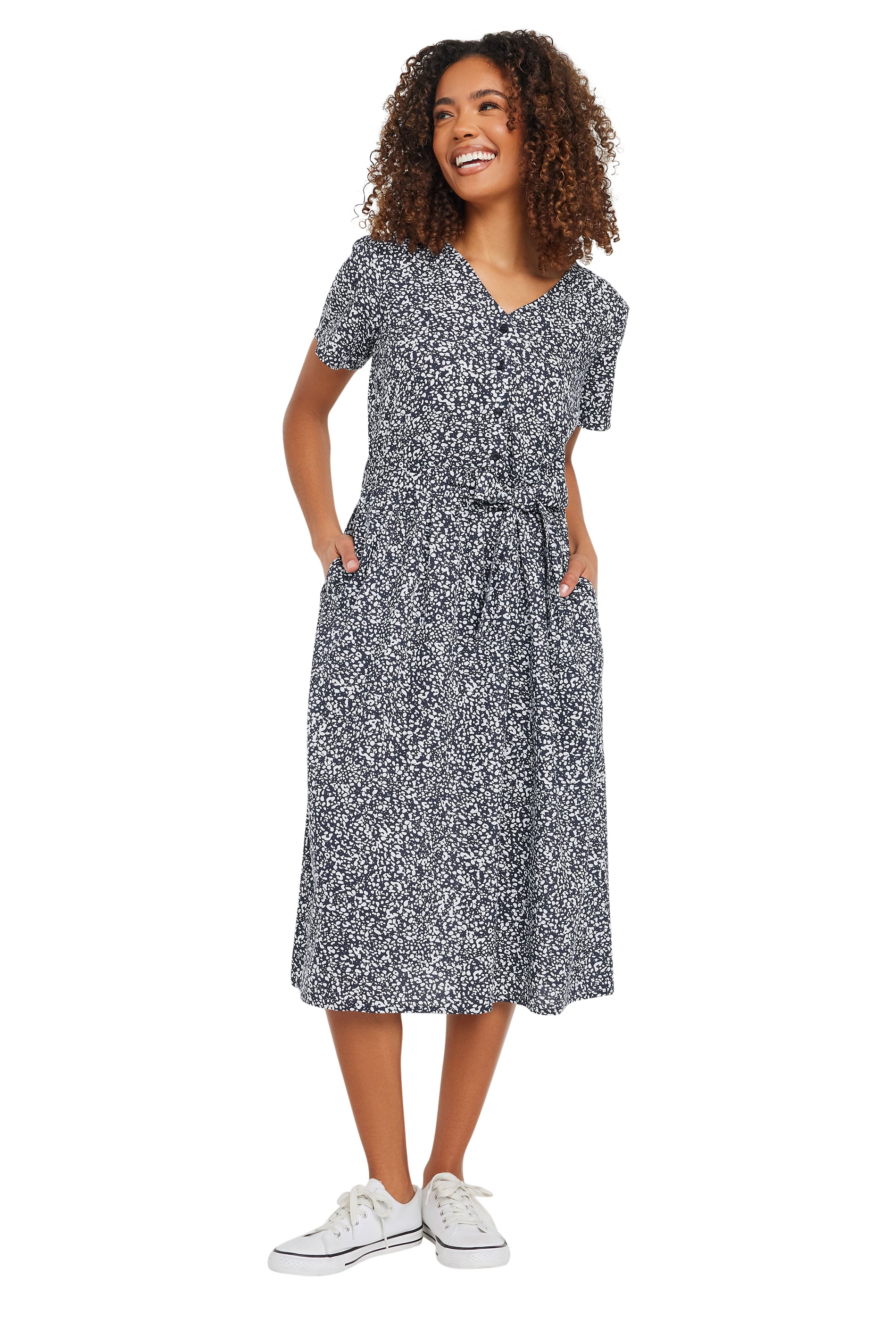 M&Co Navy Blue Spot Print Belted Midi Dress | M&Co 7