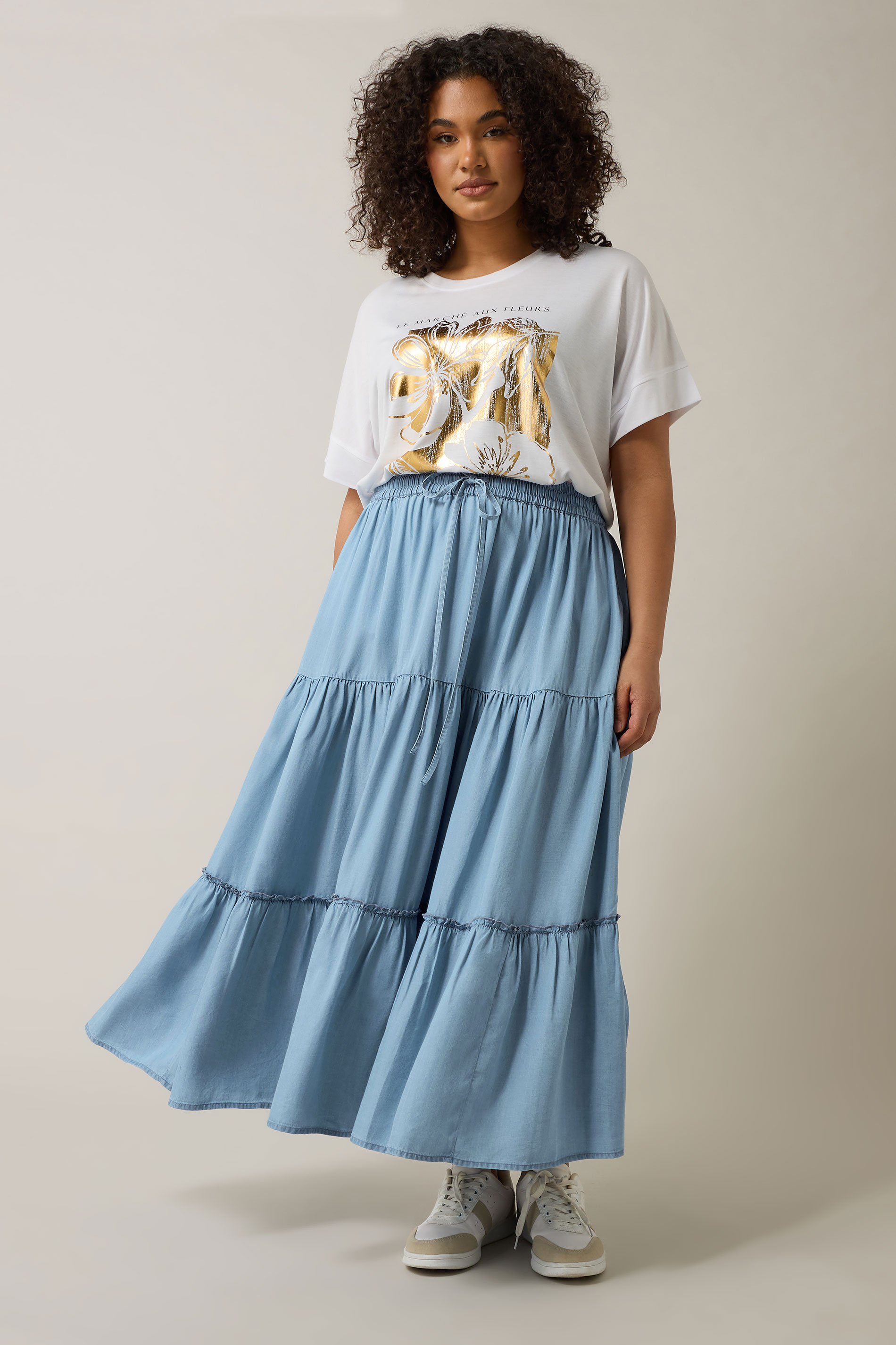 EVANS Plus Size Light Blue Lyocell Denim Tiered Skirt | Evans 2